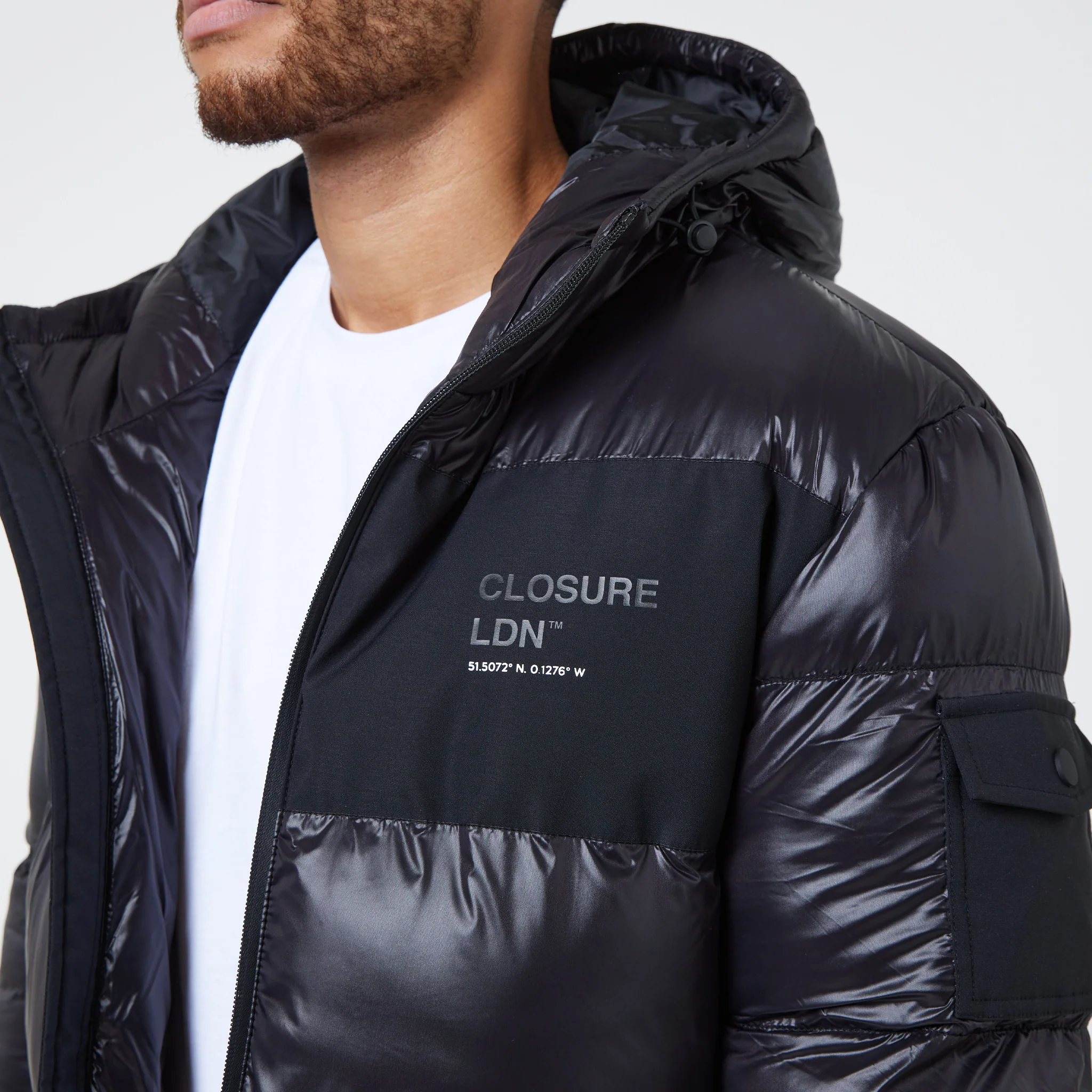 Branded LDN Pocket Puffer Jacket | Black Shine - Image 4