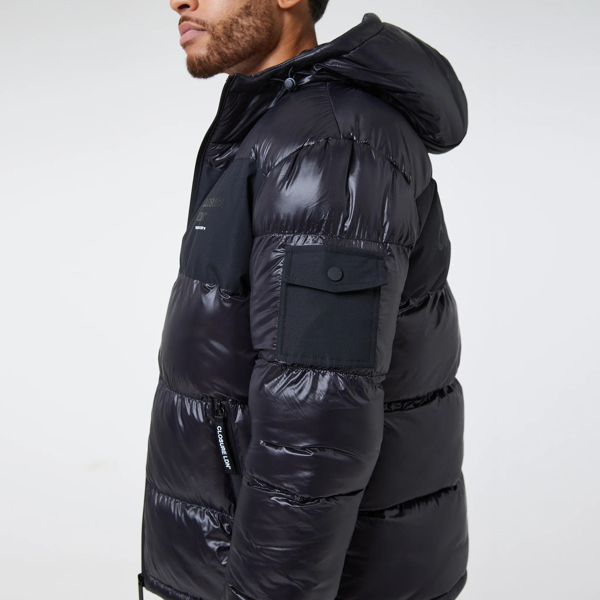 Branded LDN Pocket Puffer Jacket | Black Shine - Image 5
