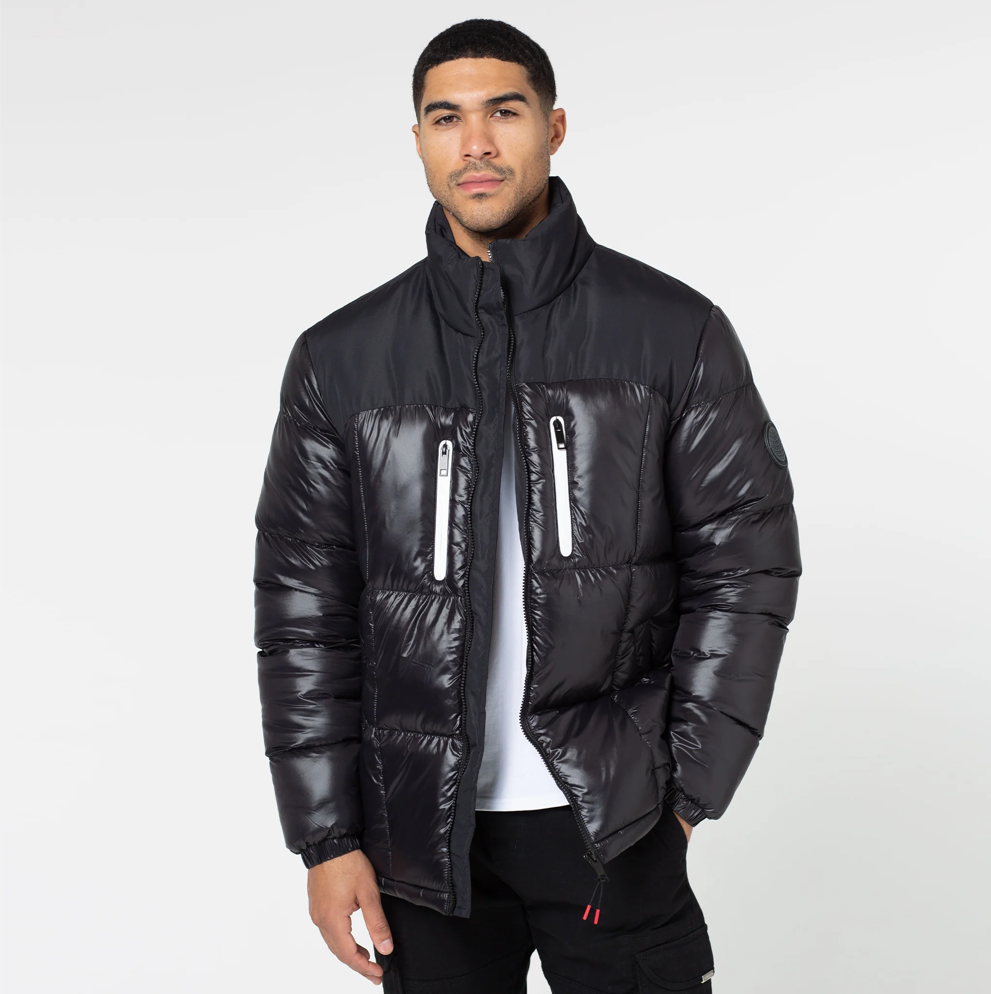 Contrast Zipped Funnel Neck Puffer Jacket | Black Shine - Image 3