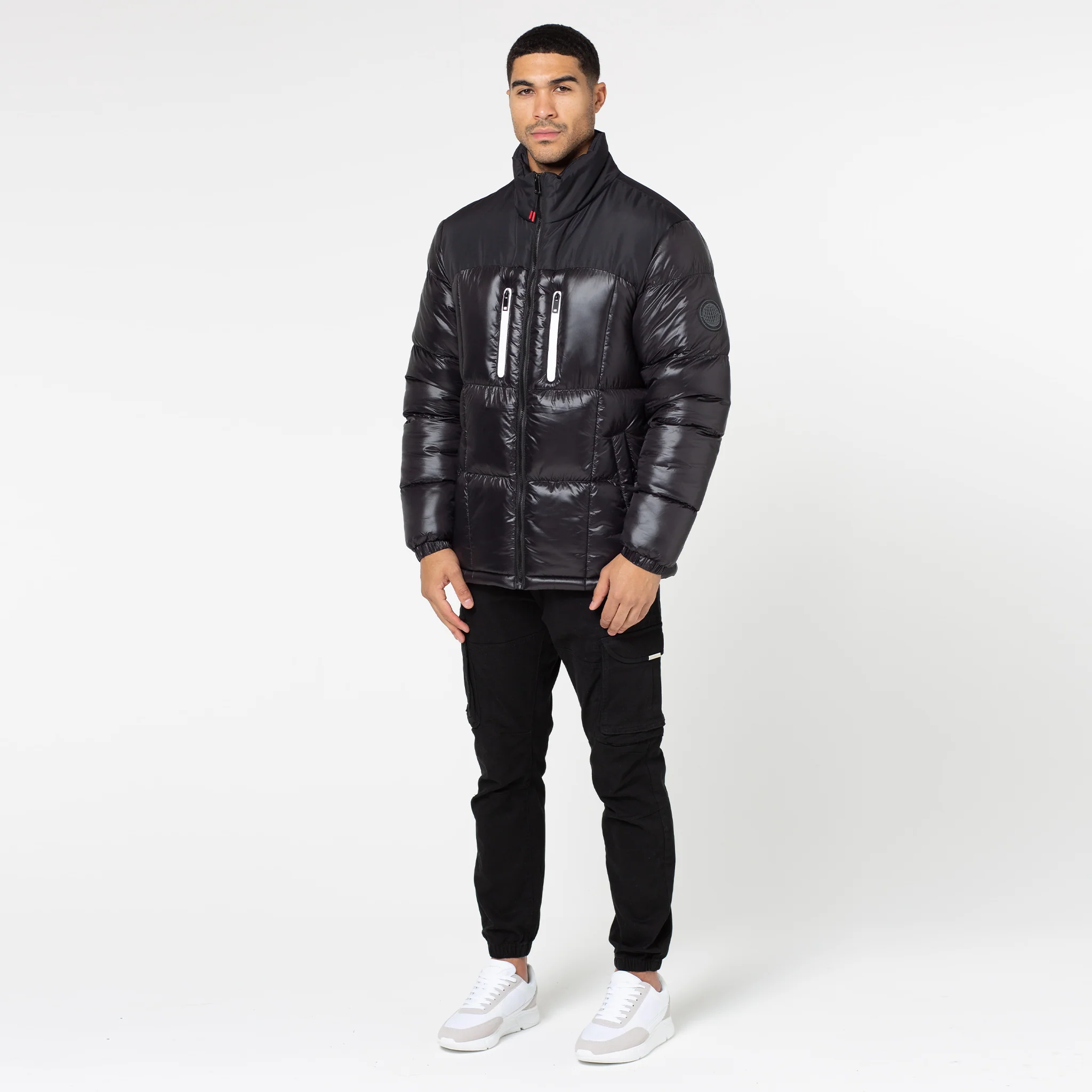 Contrast Zipped Funnel Neck Puffer Jacket | Black Shine - Image 4