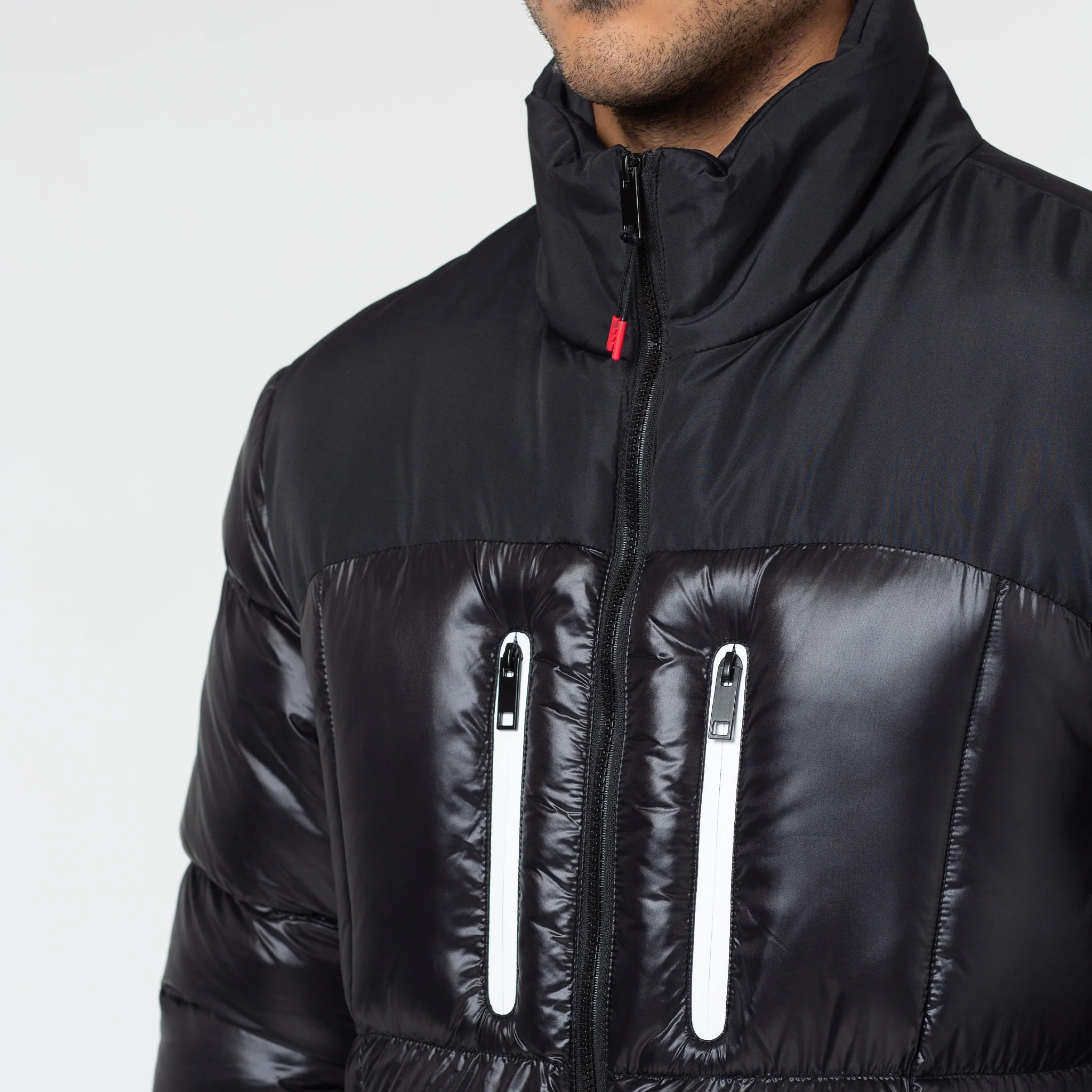 Contrast Zipped Funnel Neck Puffer Jacket | Black Shine - Image 5