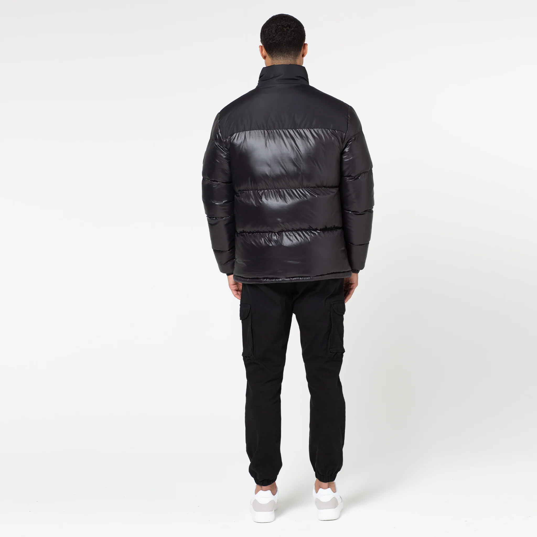 Contrast Zipped Funnel Neck Puffer Jacket | Black Shine - Image 6