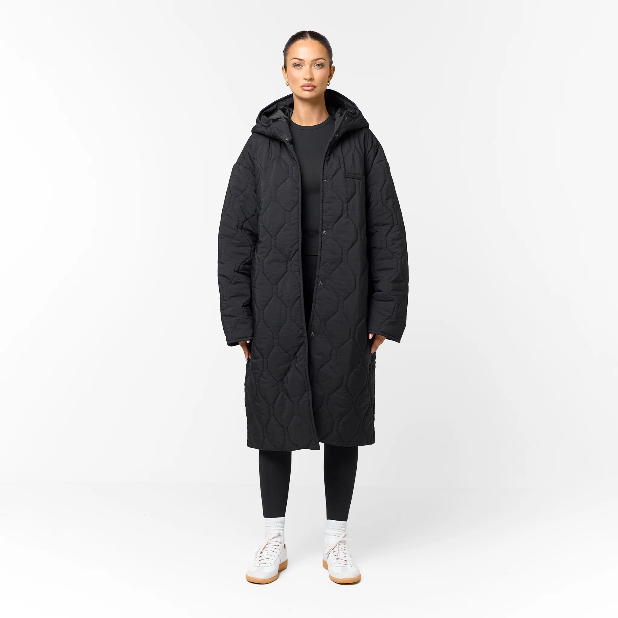 Cross Quilt Longline Duvet Coat | Black - Image 11