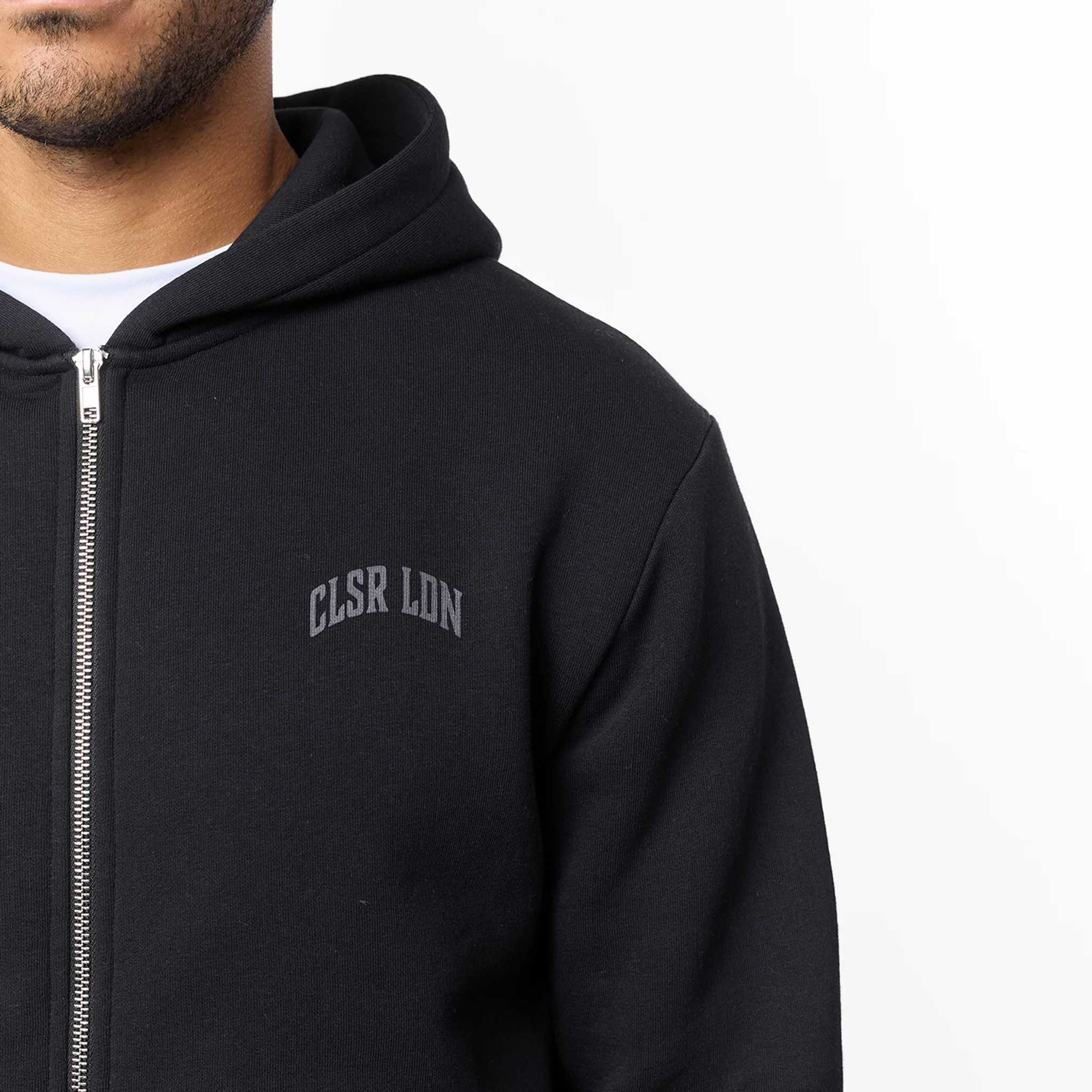 Layered Varsity Relaxed Full Zip Hoodie | Off Black - Image 5