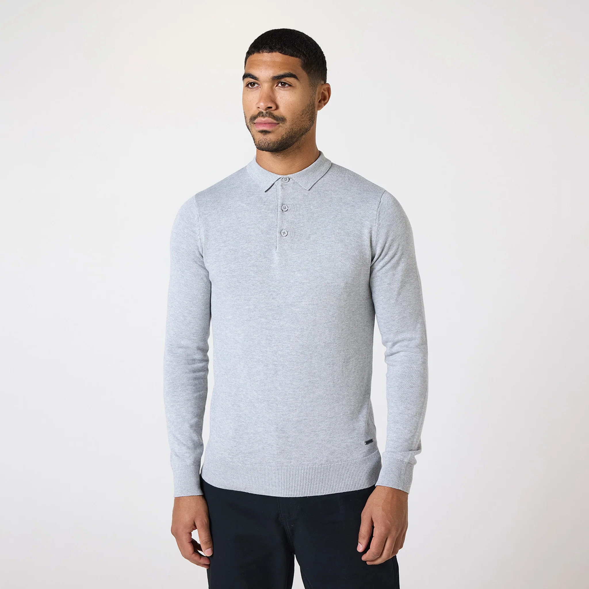 Long Sleeve Knitted Polo | Light Grey Marl - Image 10