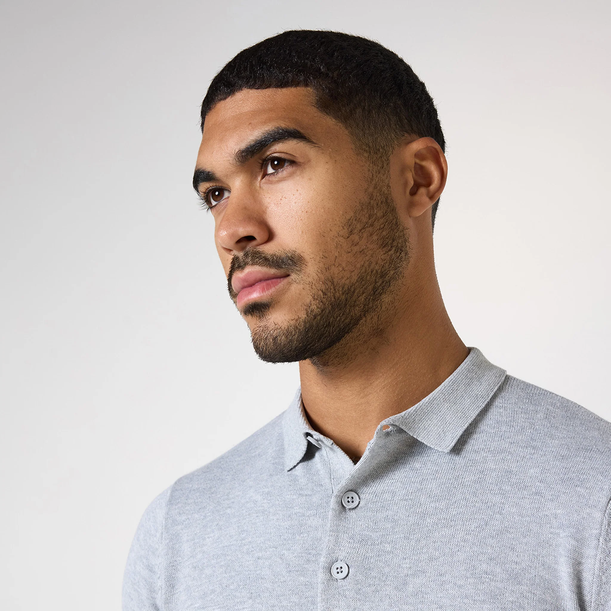 Long Sleeve Knitted Polo | Light Grey Marl - Image 3