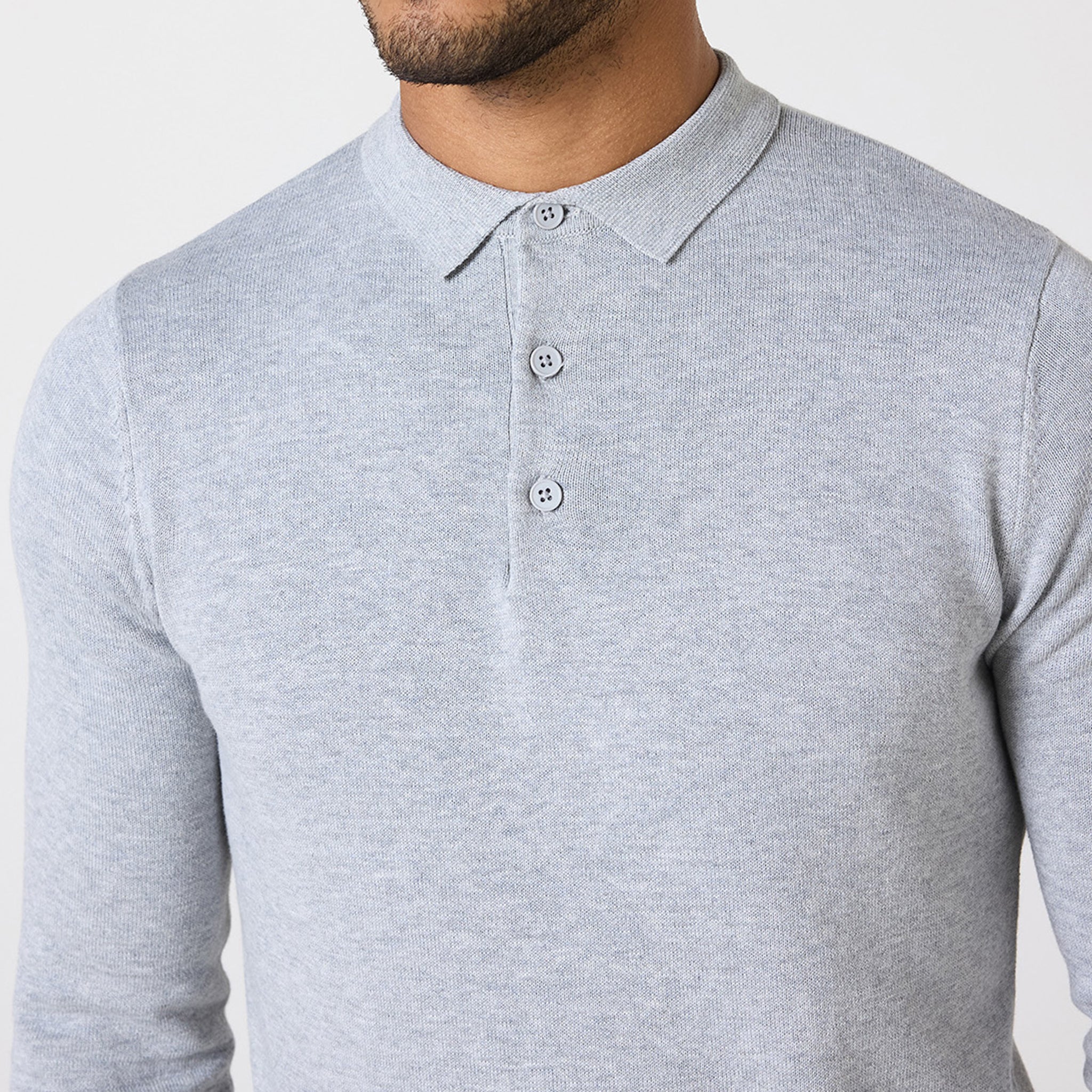 Long Sleeve Knitted Polo | Light Grey Marl - Image 4