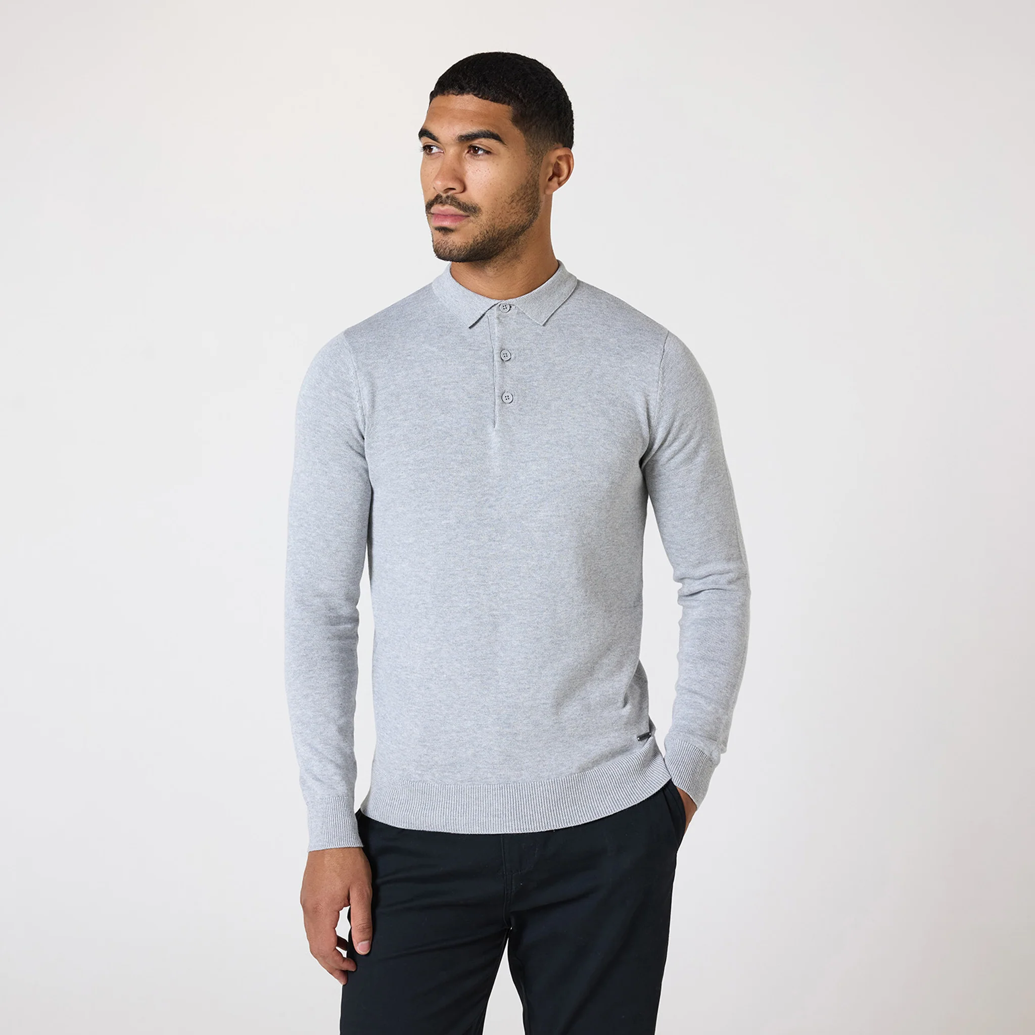 Long Sleeve Knitted Polo | Light Grey Marl - Image 6