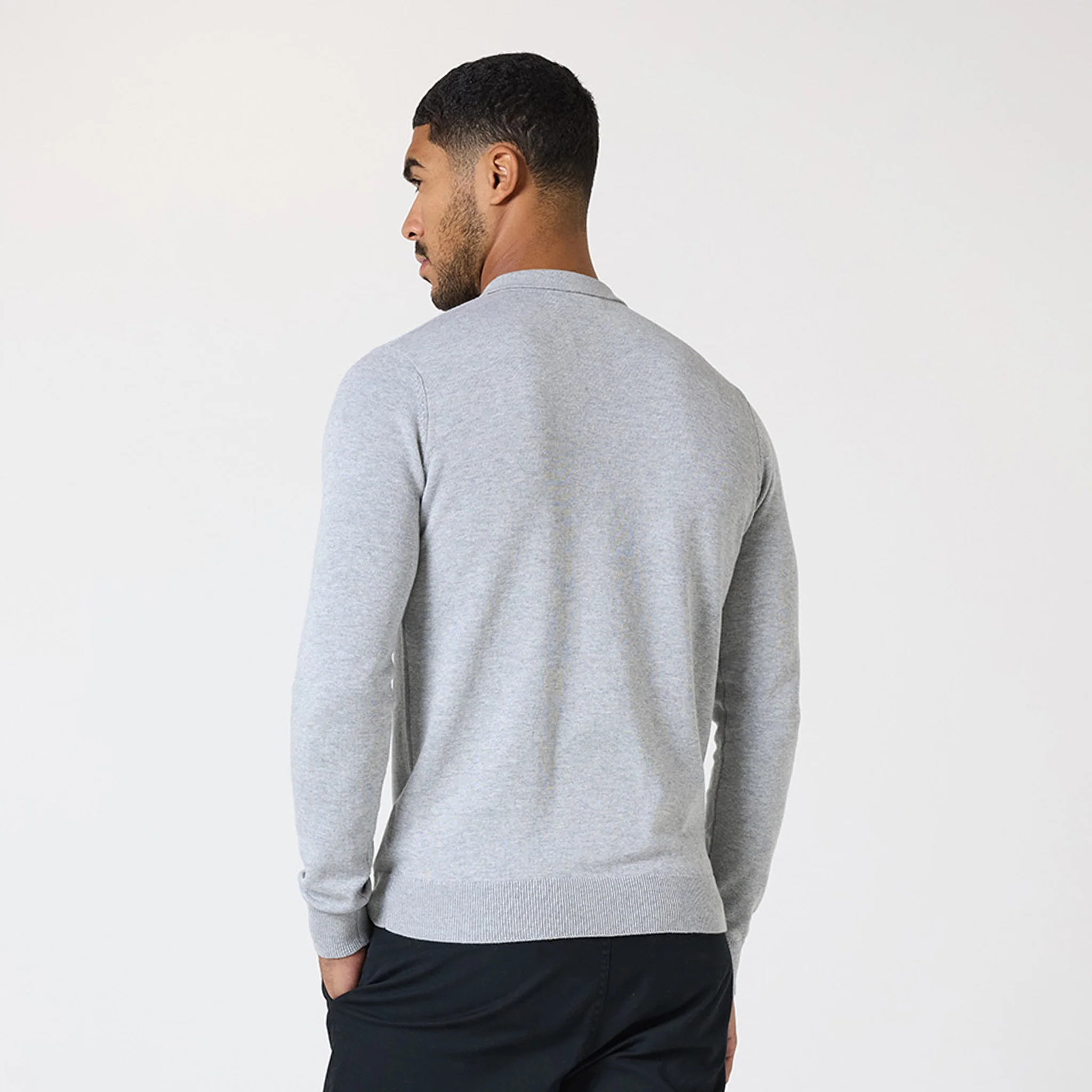 Long Sleeve Knitted Polo | Light Grey Marl - Image 7