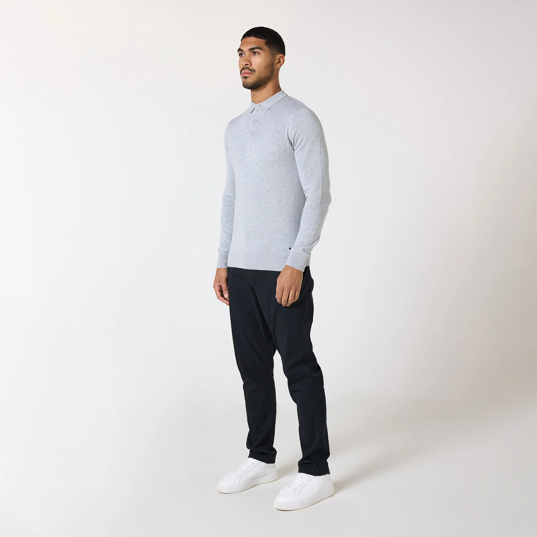 Long Sleeve Knitted Polo | Light Grey Marl - Image 8
