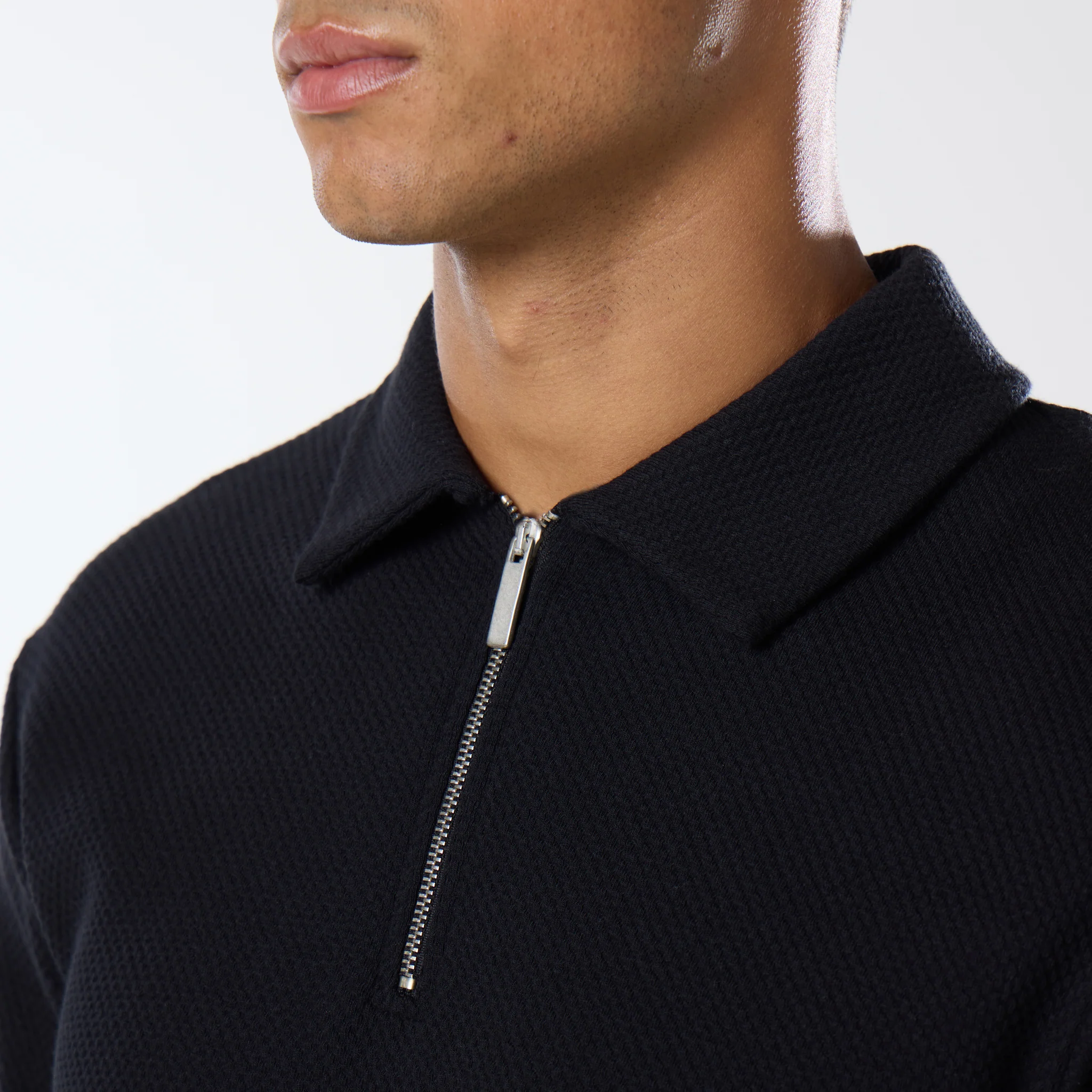 Long Sleeve Textured Polo | Black - Image 3
