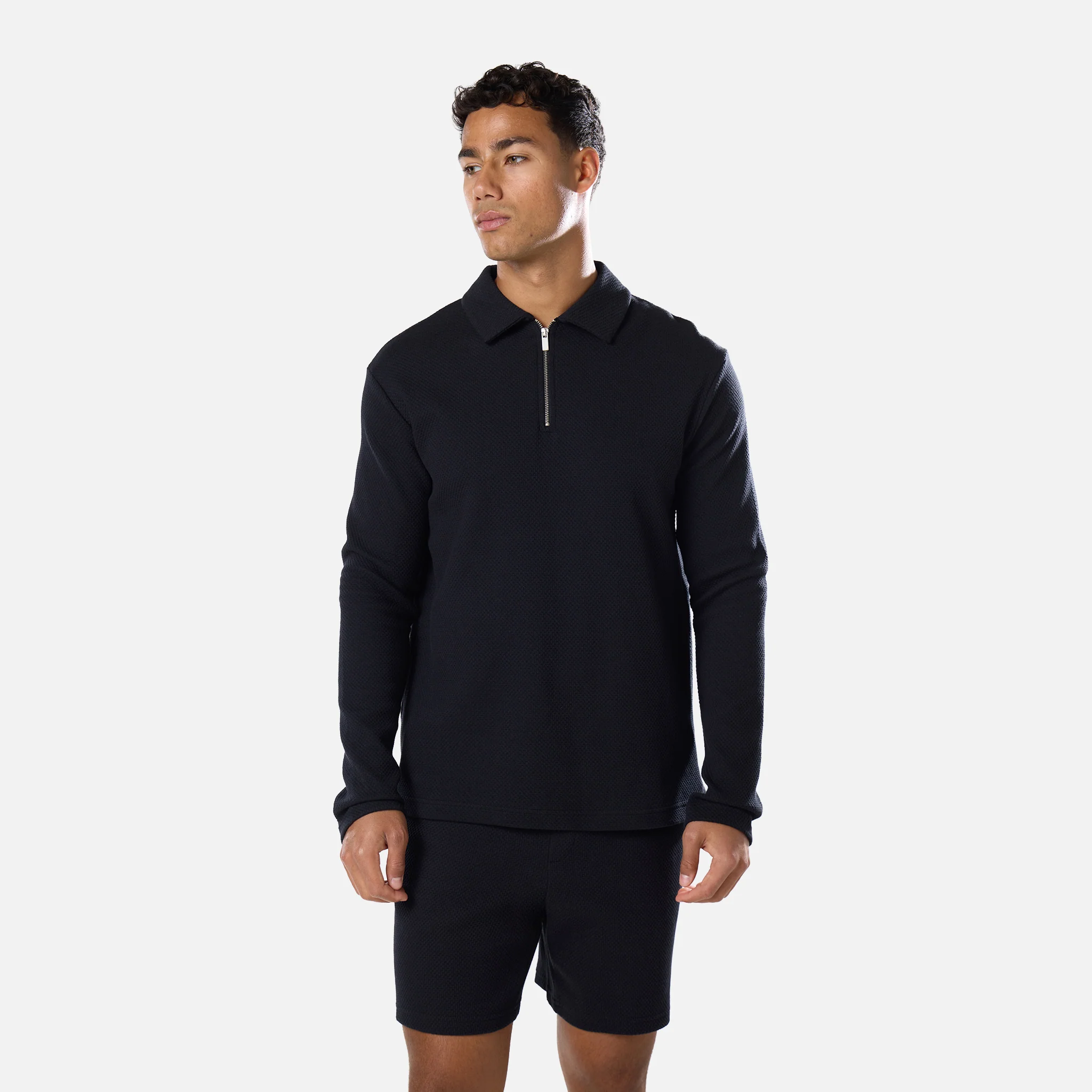 Long Sleeve Textured Polo | Black - Image 5