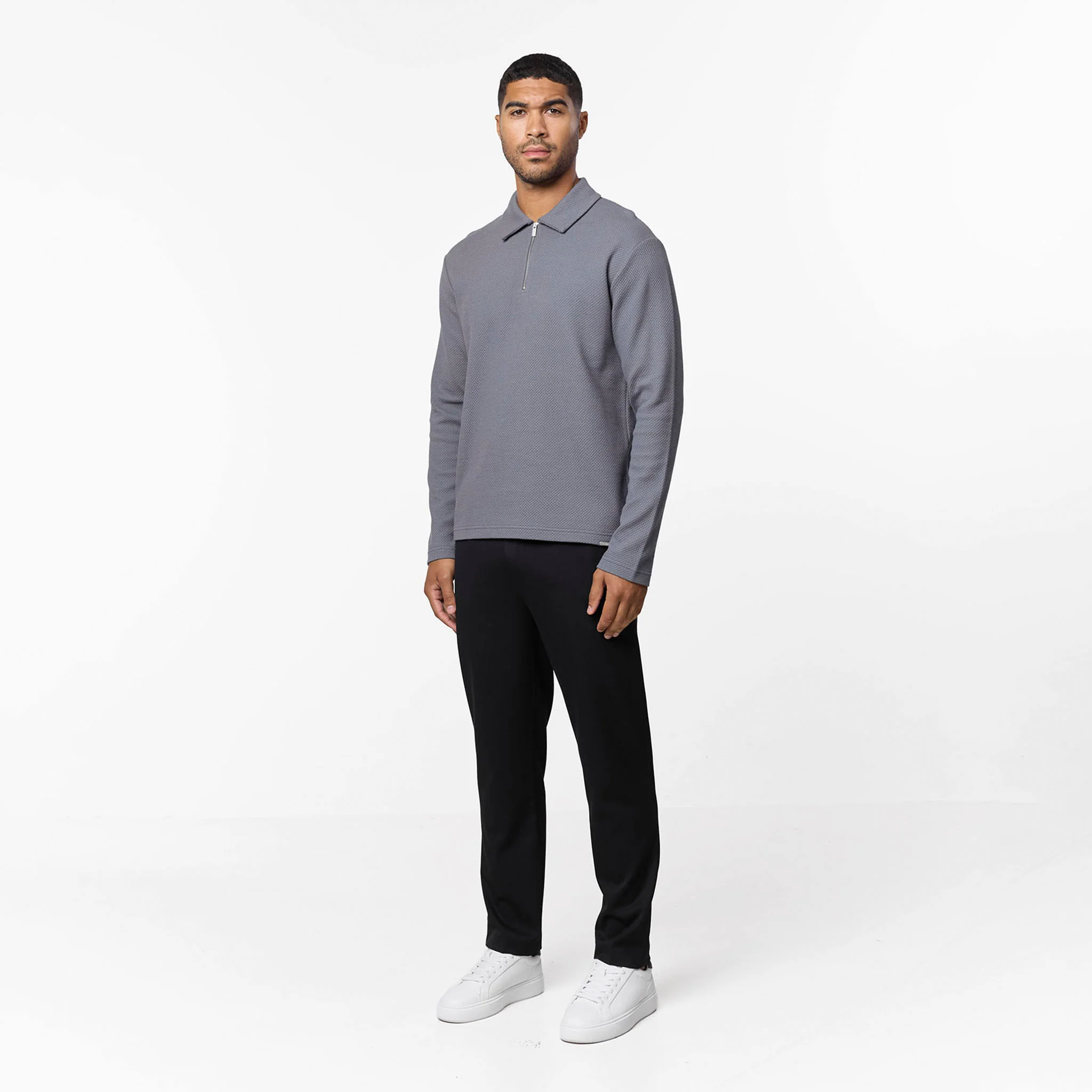 Long Sleeve Textured Polo | Mid Grey - Image 3