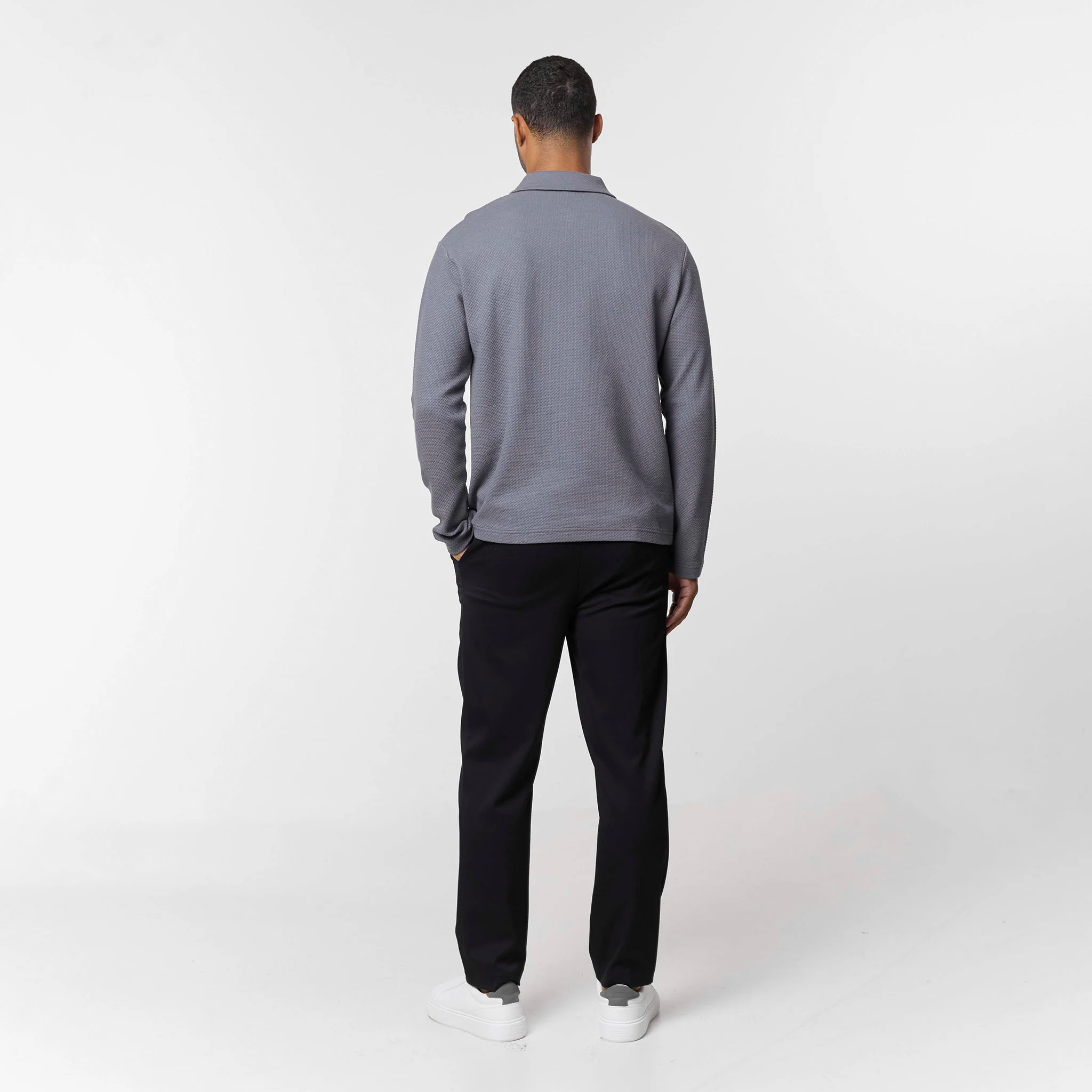 Long Sleeve Textured Polo | Mid Grey - Image 5