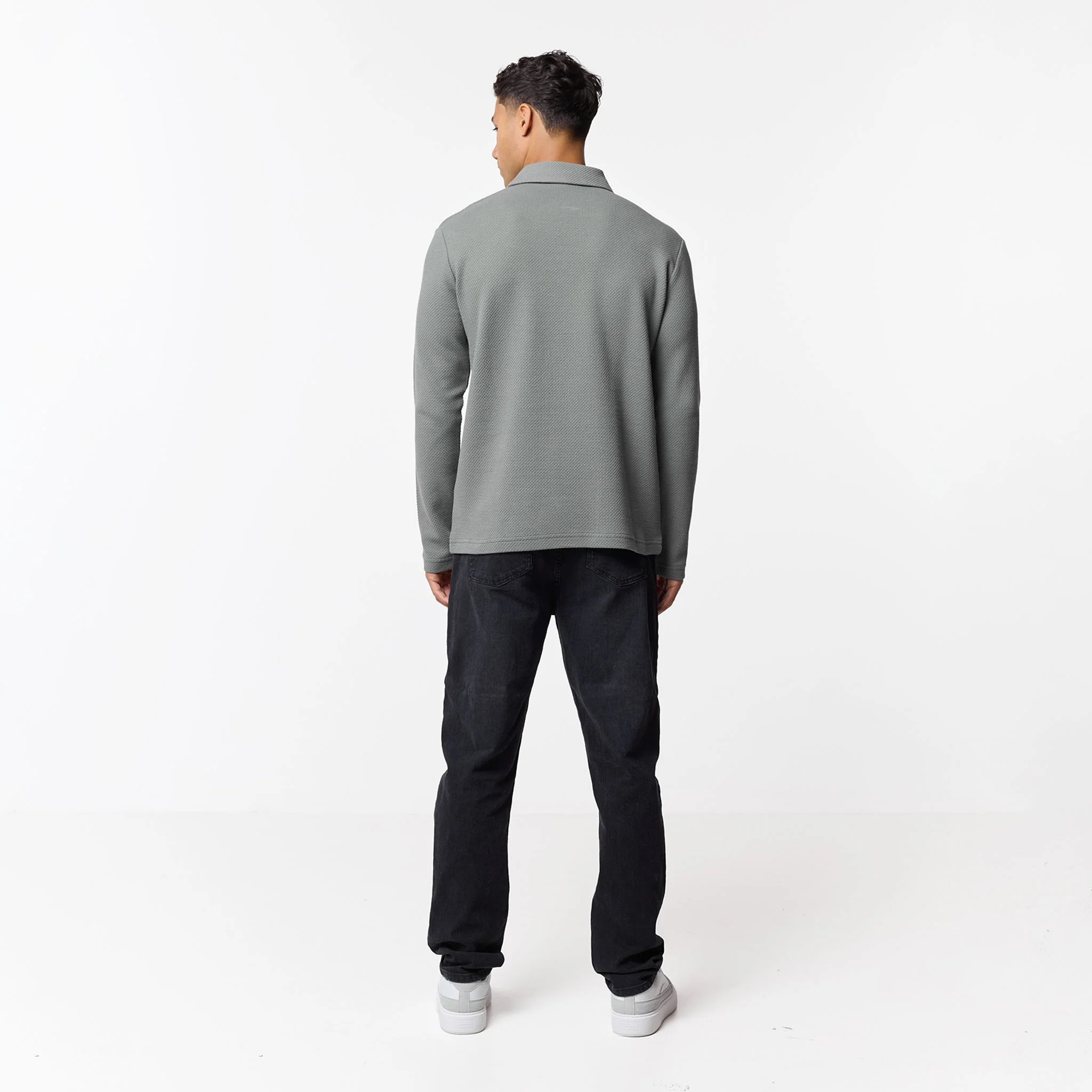 Long Sleeve Textured Polo | Olive - Image 7