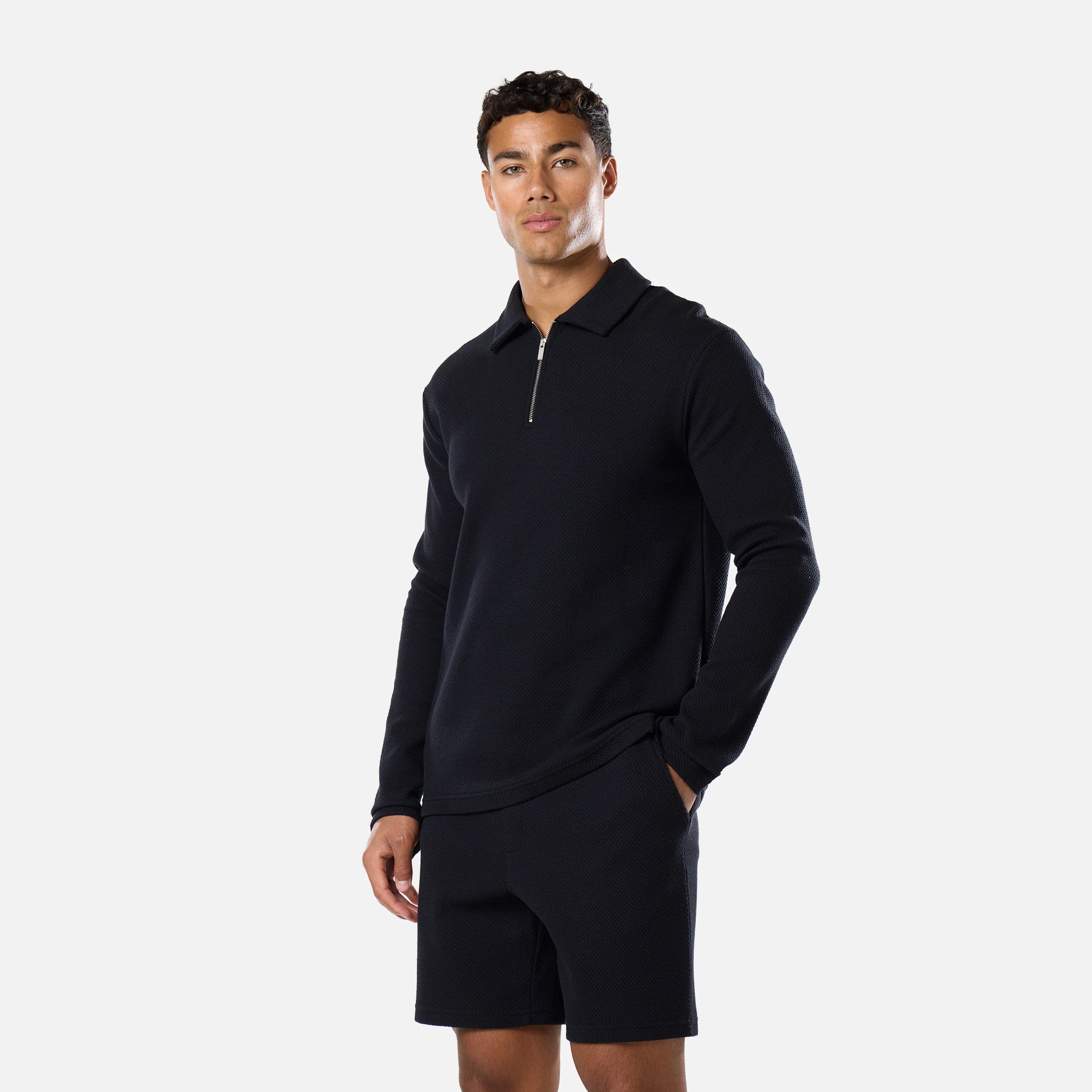 Long Sleeve Textured Polo Twinset | Black