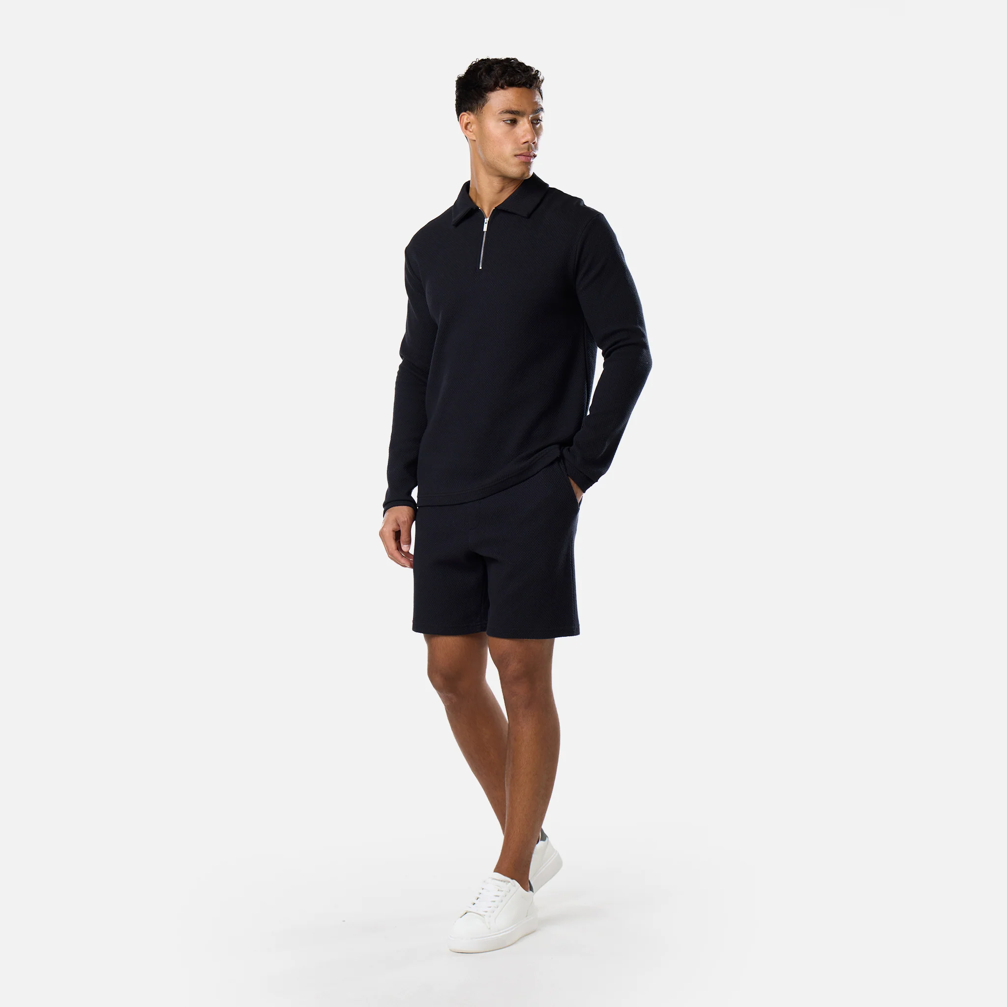 Long Sleeve Textured Polo Twinset | Black - Image 7