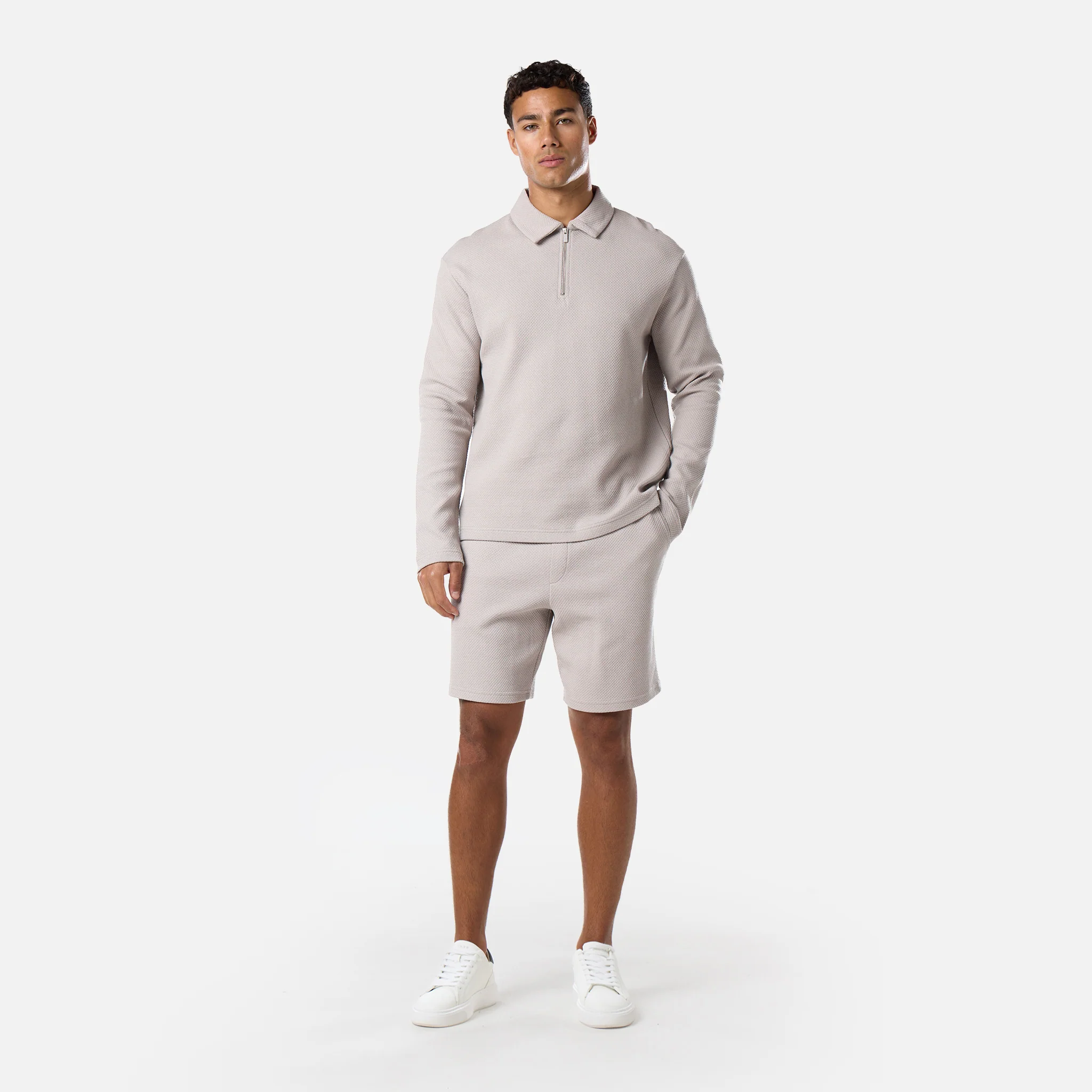 Long Sleeve Textured Polo Twinset | Stone - Image 2
