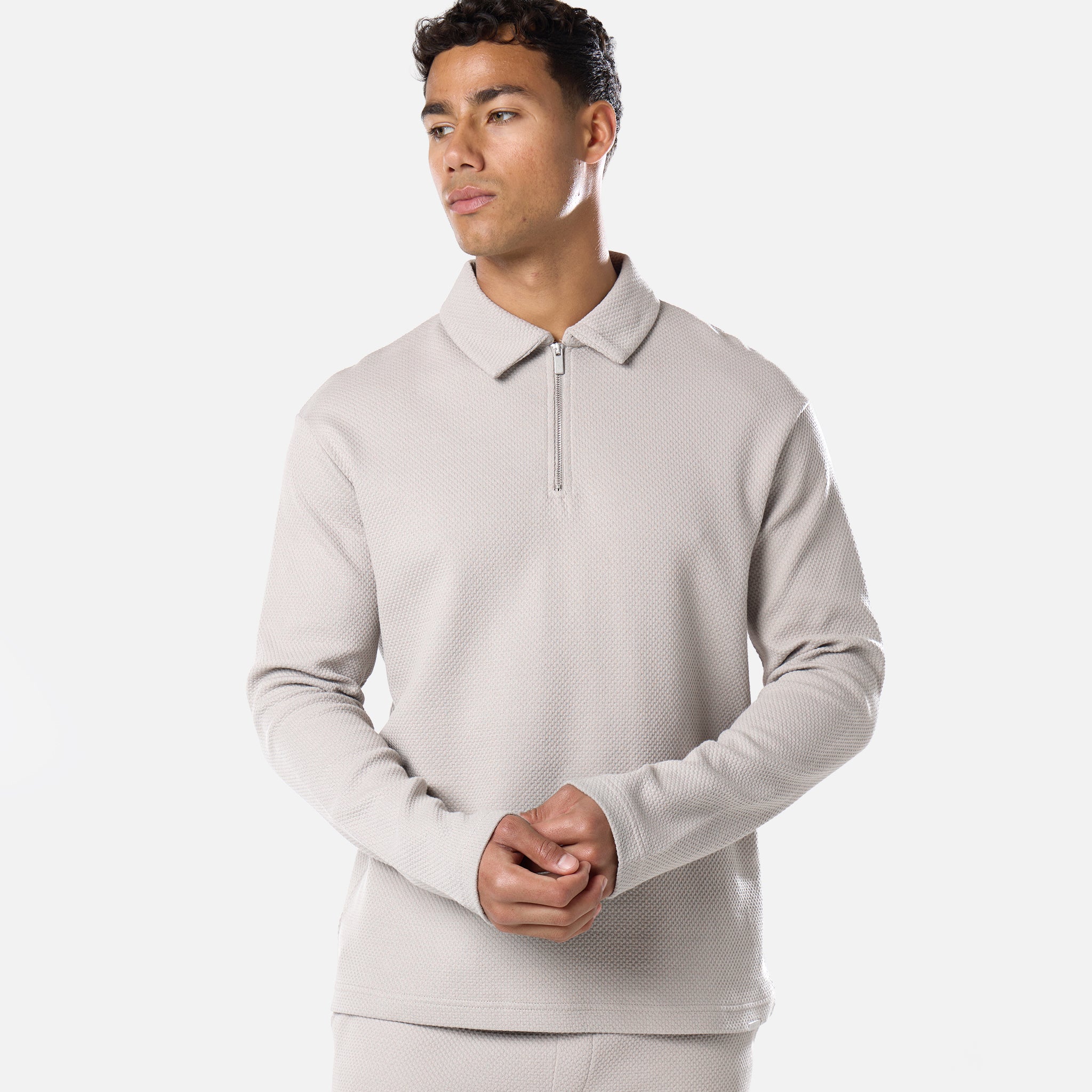 Long Sleeve Textured Polo Twinset | Stone - Image 7