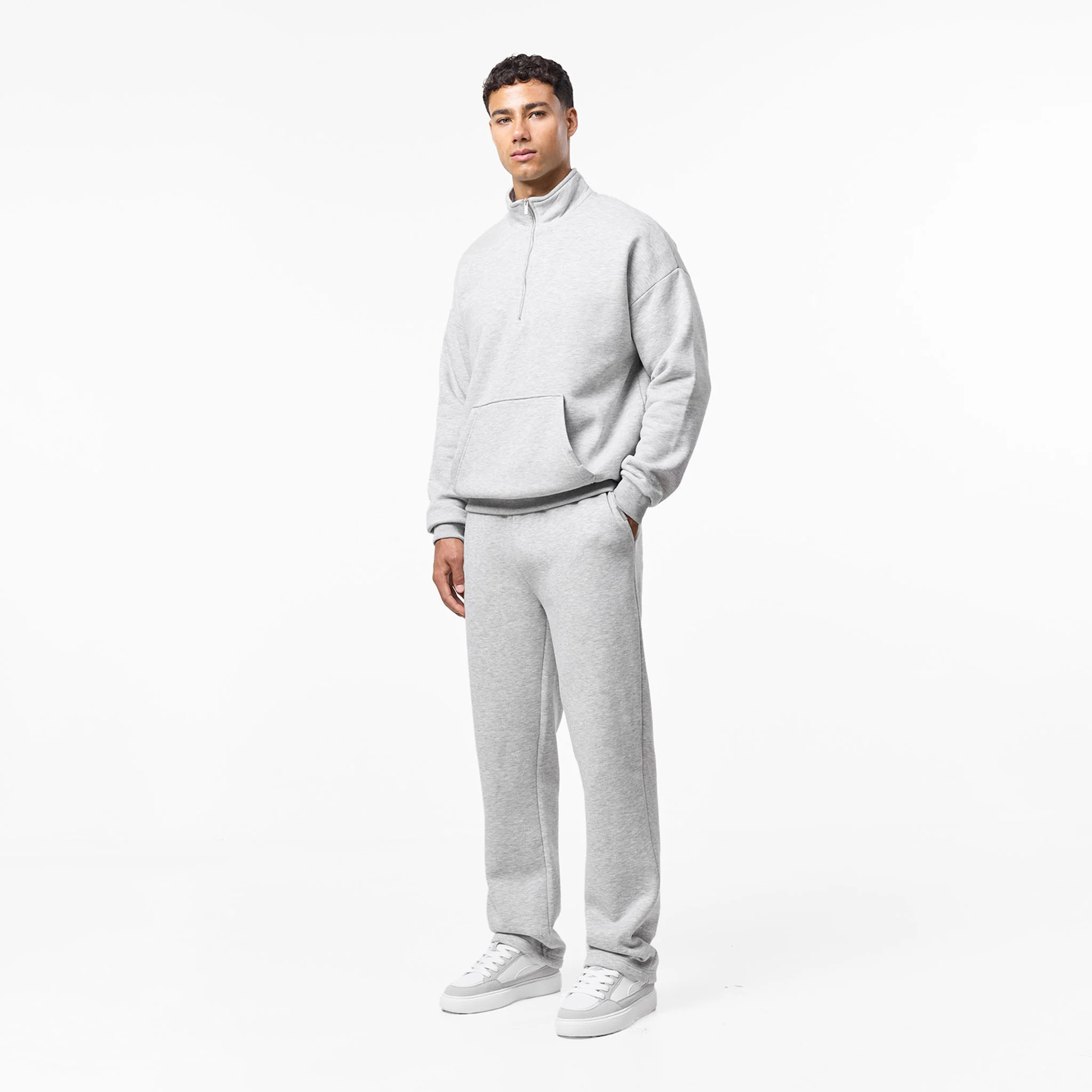 Relaxed Fit 1/4 Zip Open Hem Tracksuit | Grey Marl