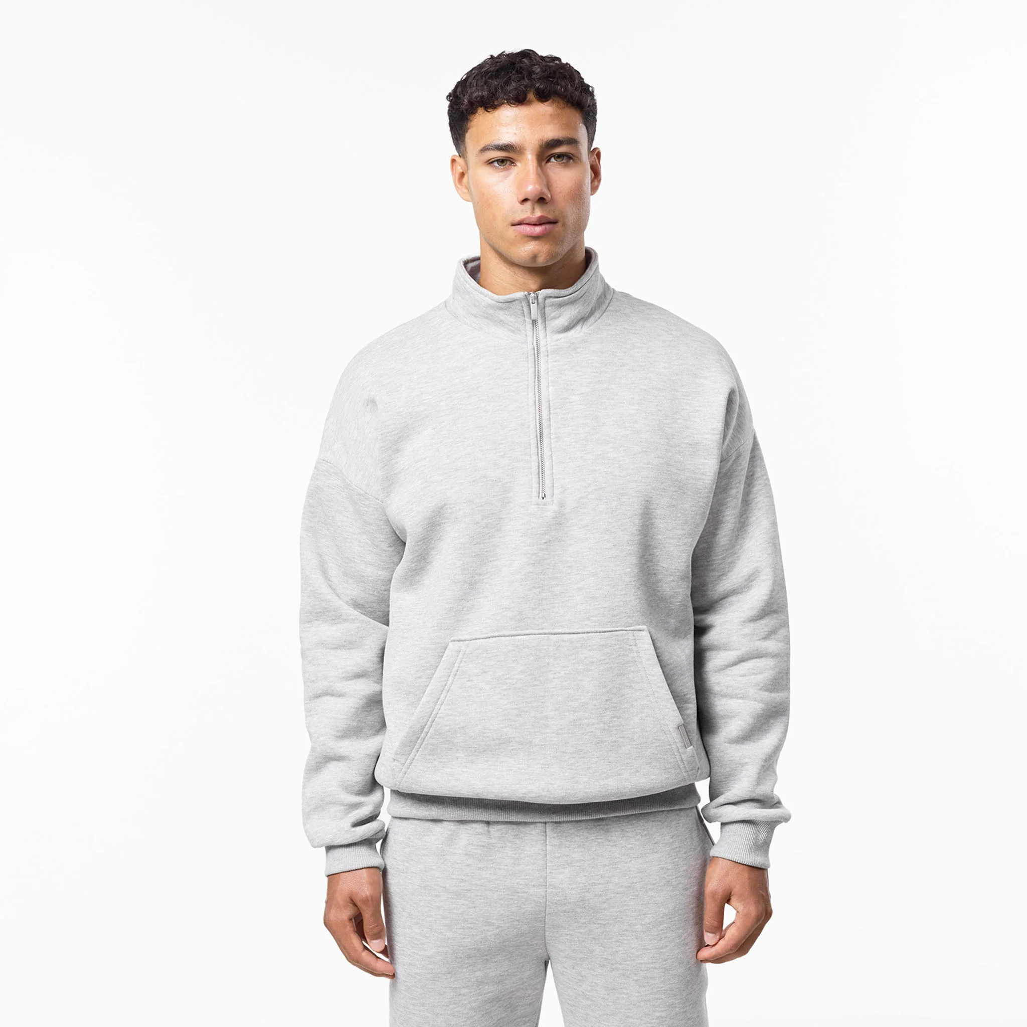 Relaxed Fit 1/4 Zip Open Hem Tracksuit | Grey Marl - Image 2