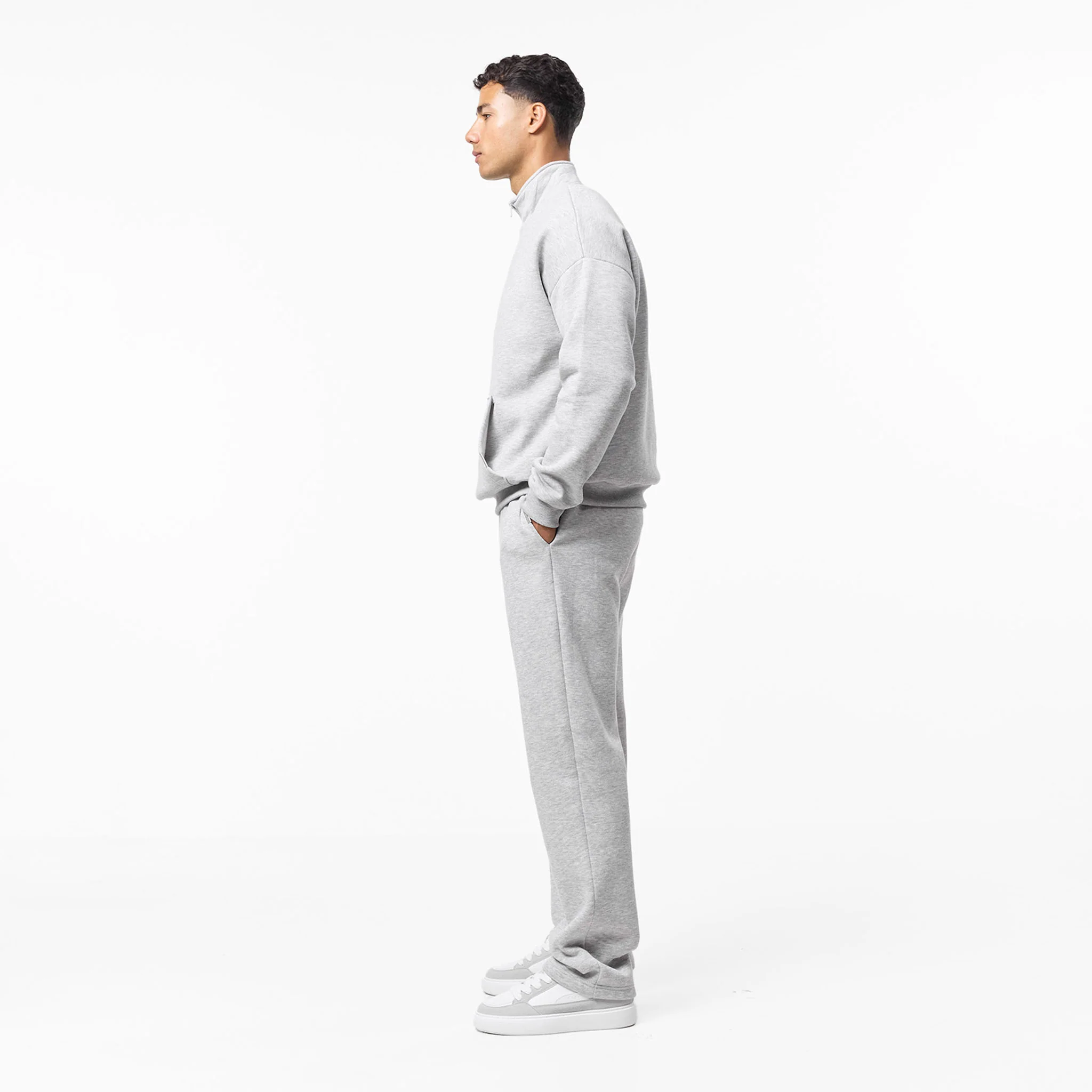 Relaxed Fit 1/4 Zip Open Hem Tracksuit | Grey Marl - Image 3