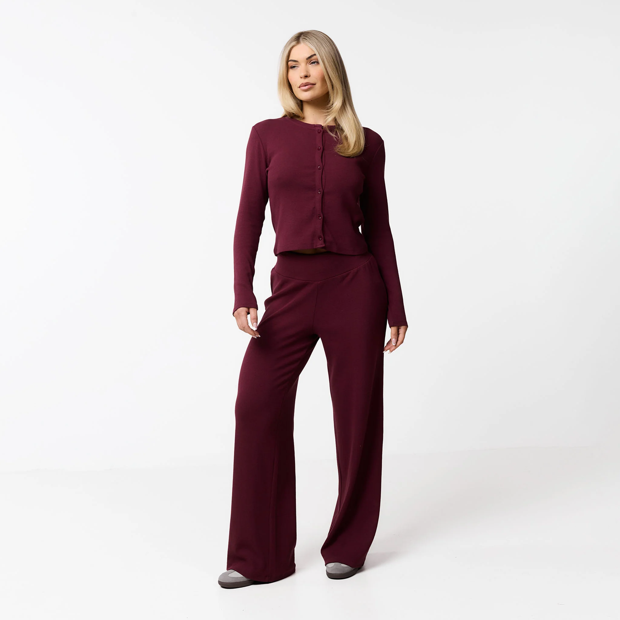 Ribbed Open Hem Trousers | Burgundy - Image 2