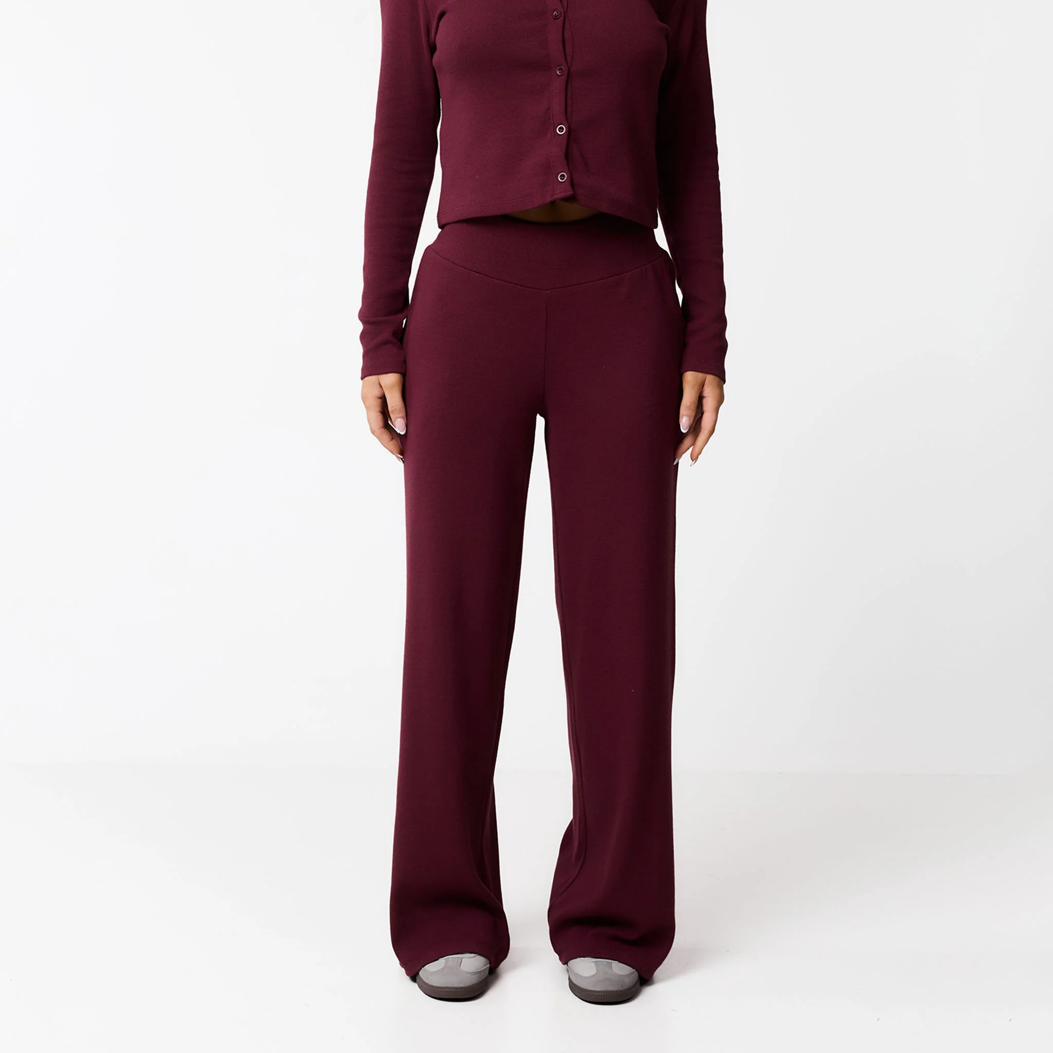 Ribbed Open Hem Trousers | Burgundy - Image 3