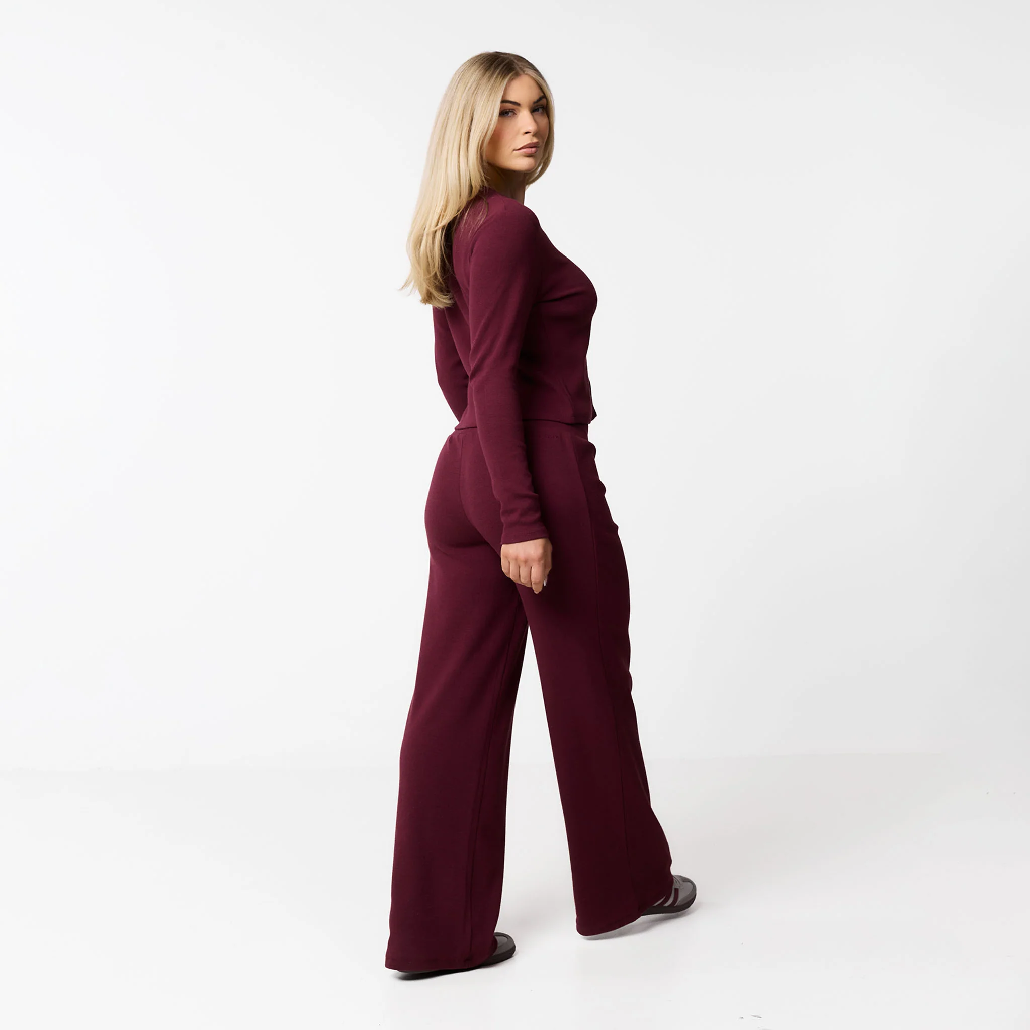 Ribbed Open Hem Trousers | Burgundy - Image 7
