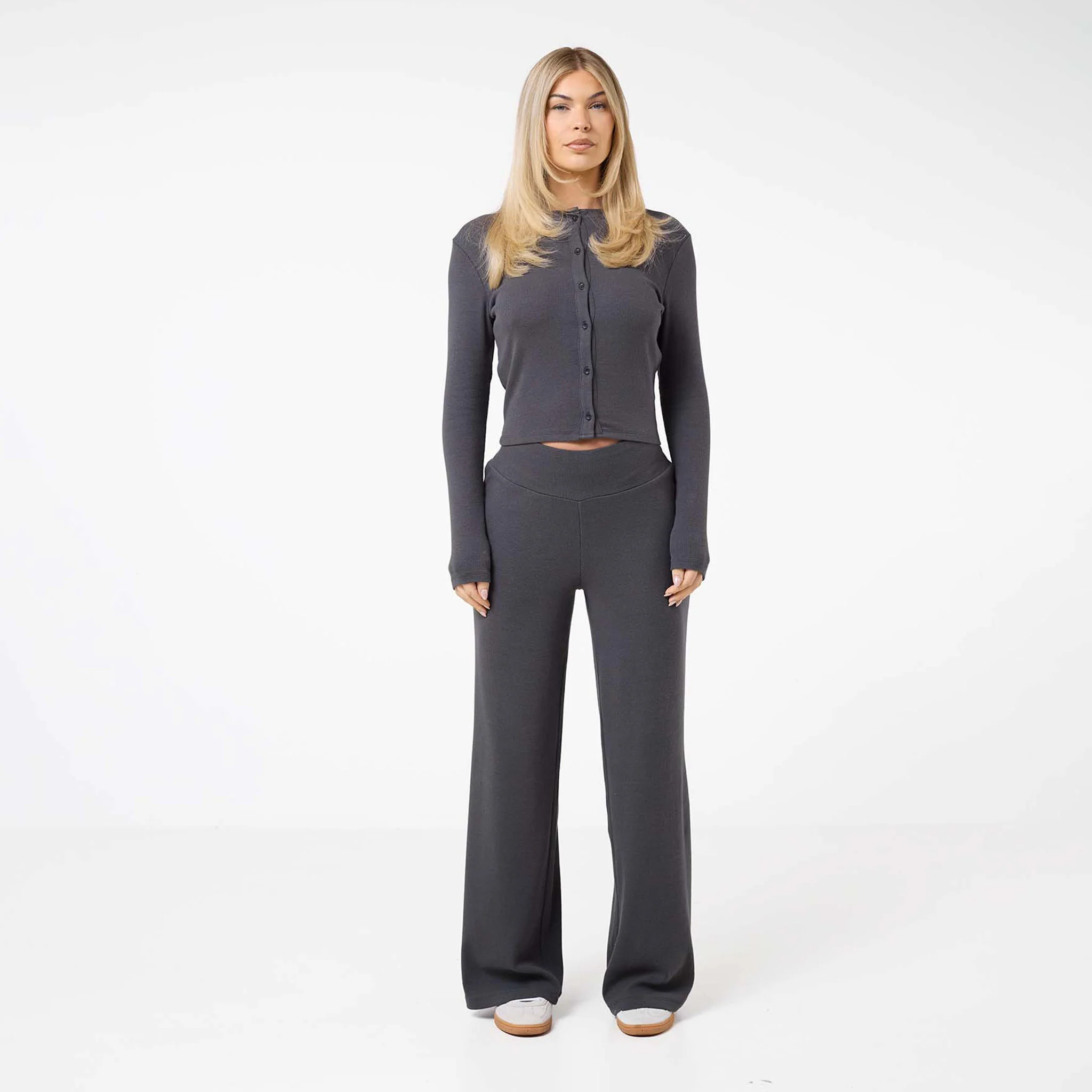 Ribbed Open Hem Trousers | Charcoal - Image 2
