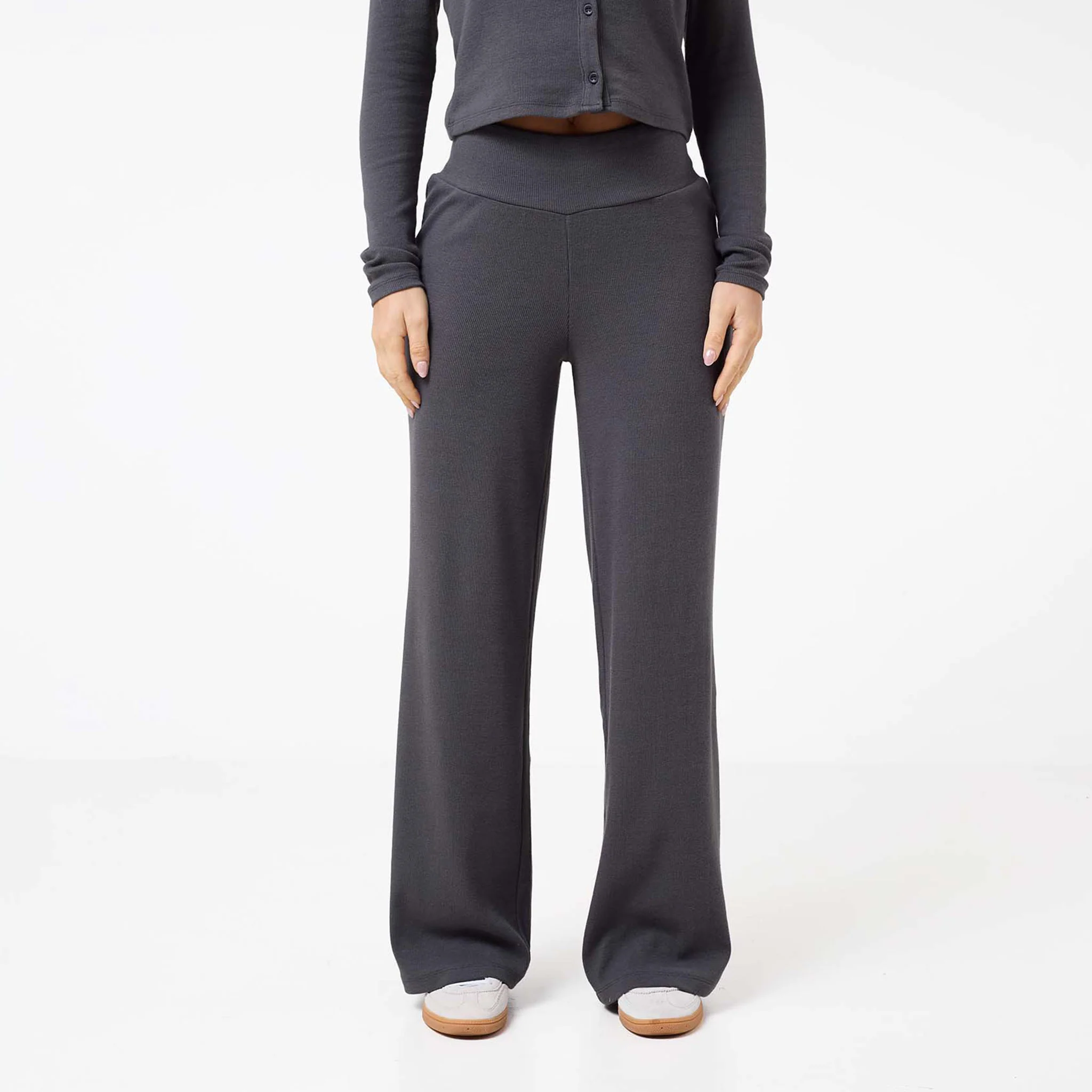 Ribbed Open Hem Trousers | Charcoal - Image 3