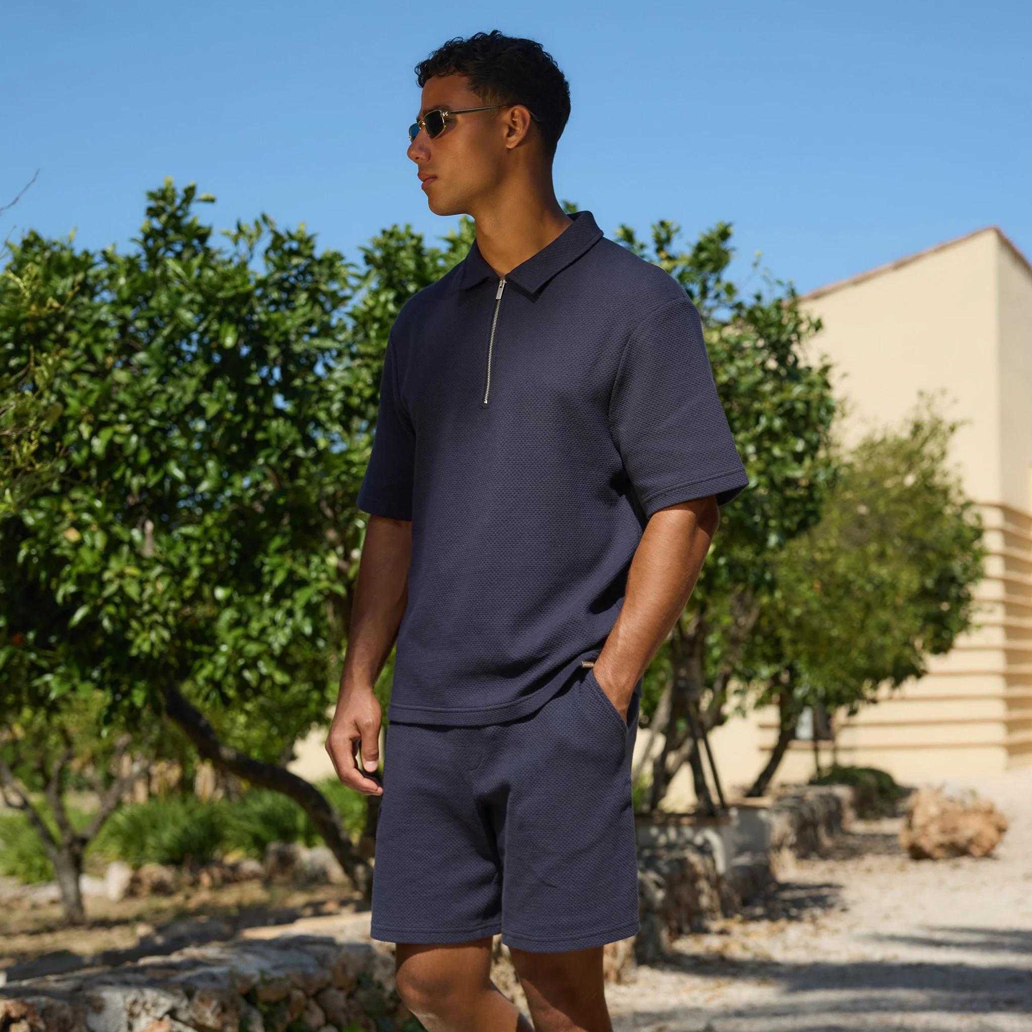 Short Sleeve Textured Polo Twinset | Navy - Image 2