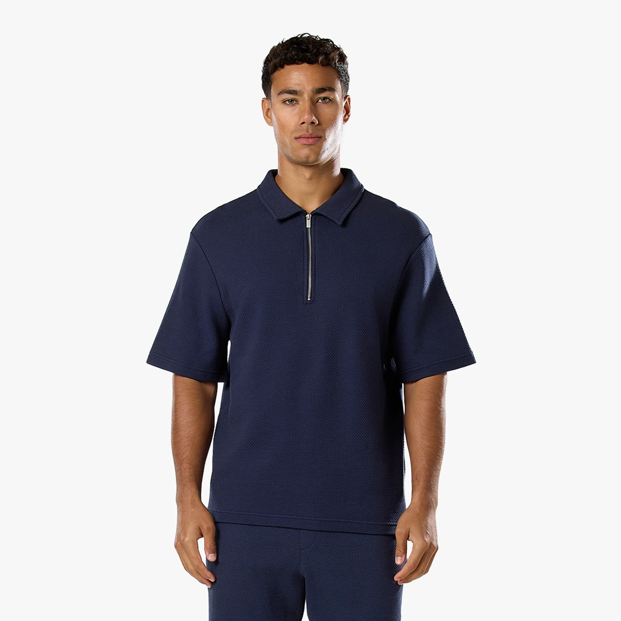 Short Sleeve Textured Polo Twinset | Navy - Image 4