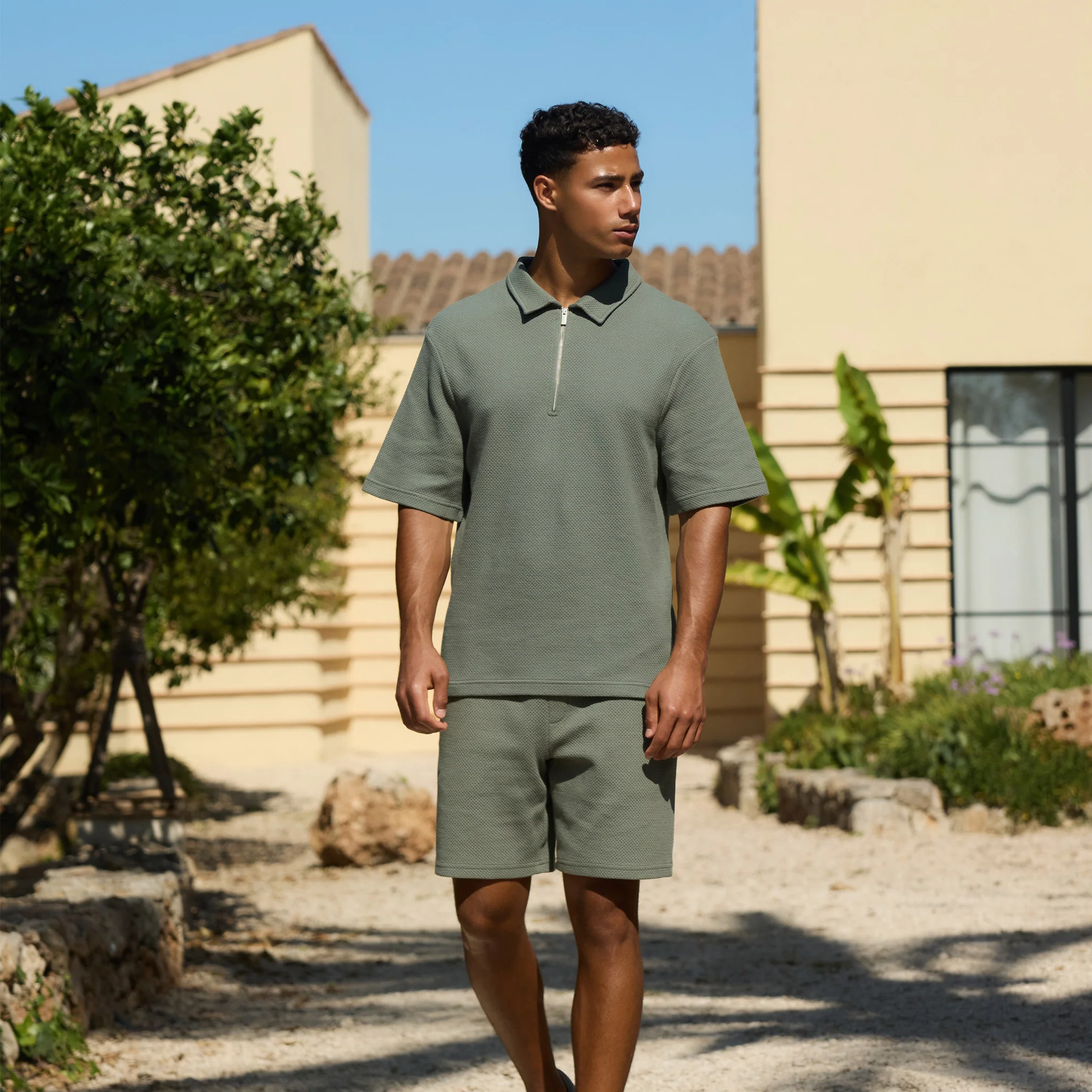Short Sleeve Textured Polo Twinset | Olive - Image 2