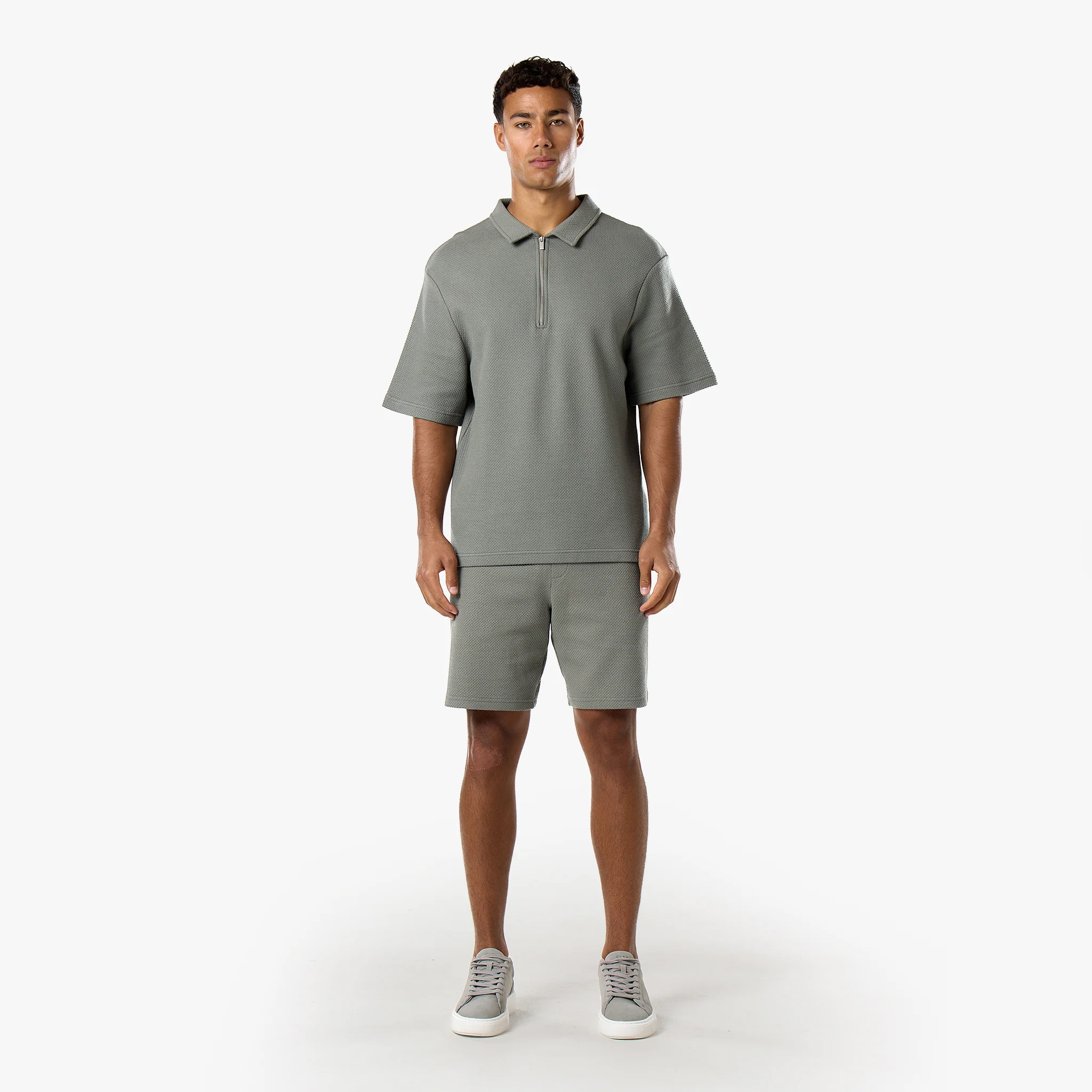 Short Sleeve Textured Polo Twinset | Olive - Image 3