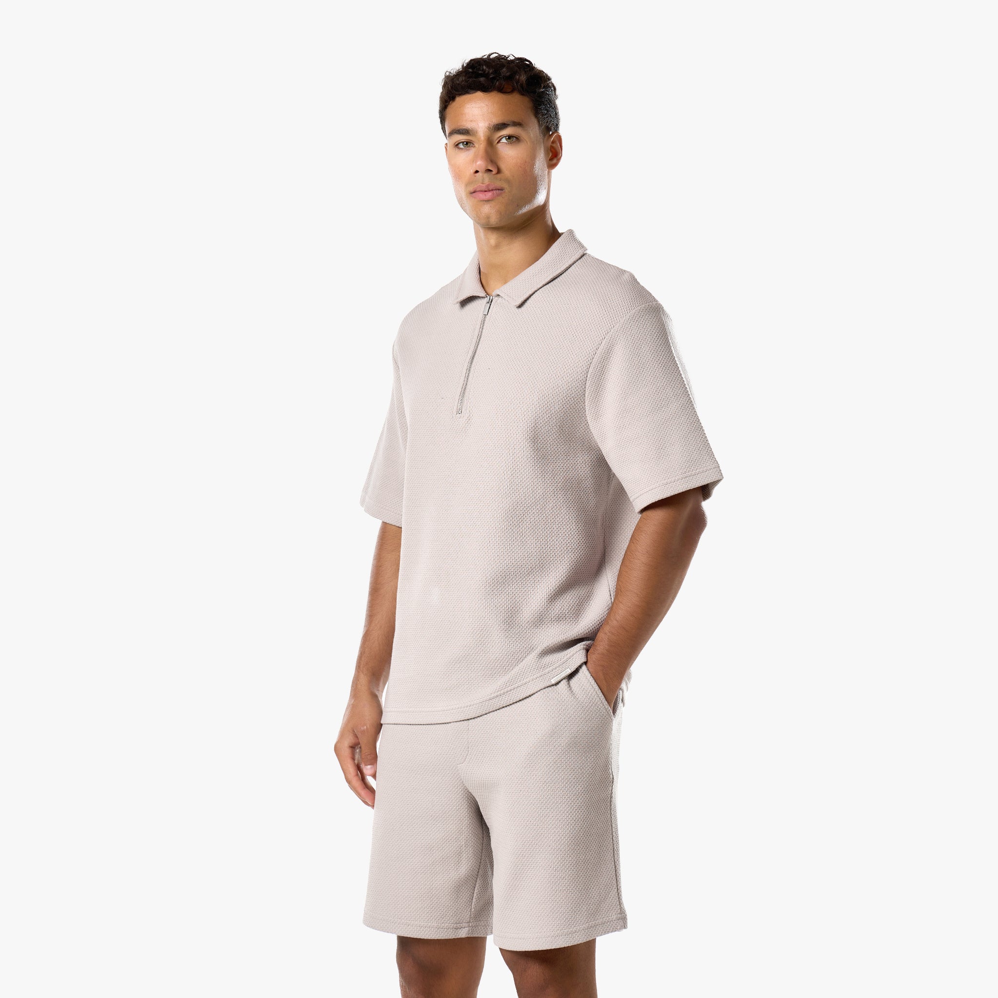 Short Sleeve Textured Polo Twinset | Stone