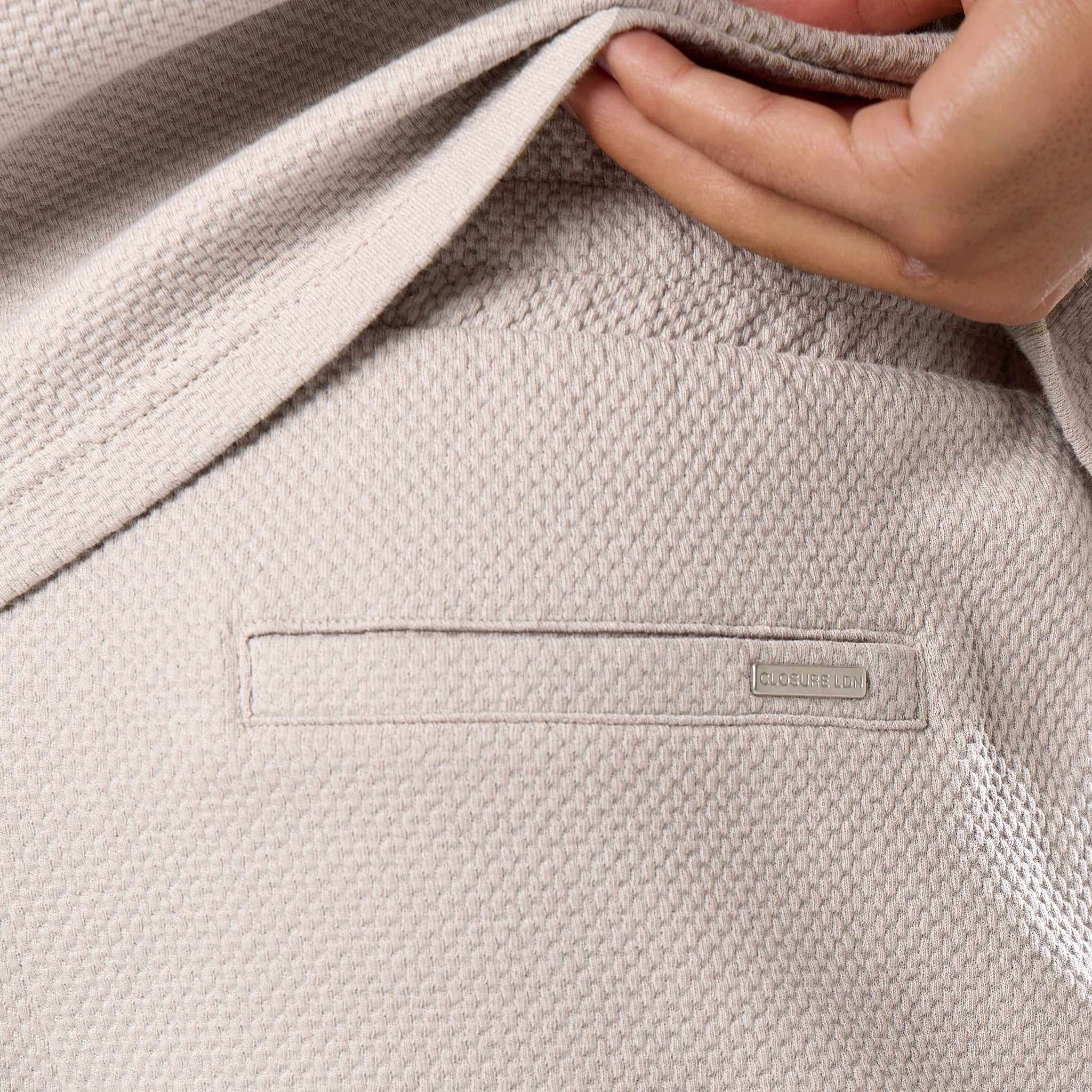 Short Sleeve Textured Polo Twinset | Stone - Image 10