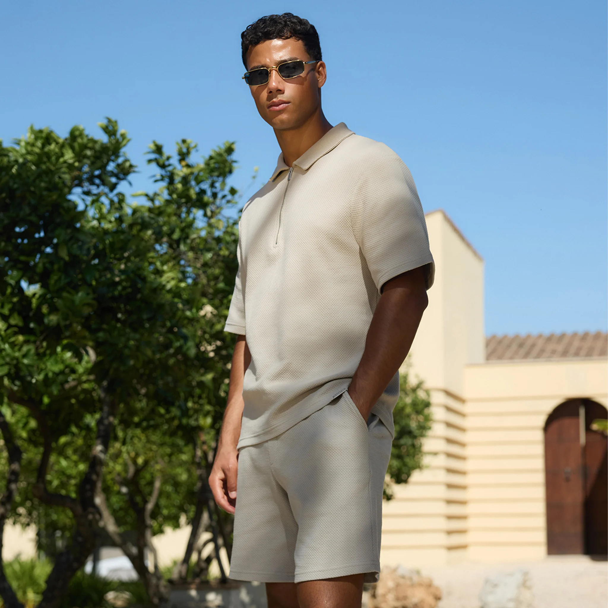 Short Sleeve Textured Polo Twinset | Stone - Image 2