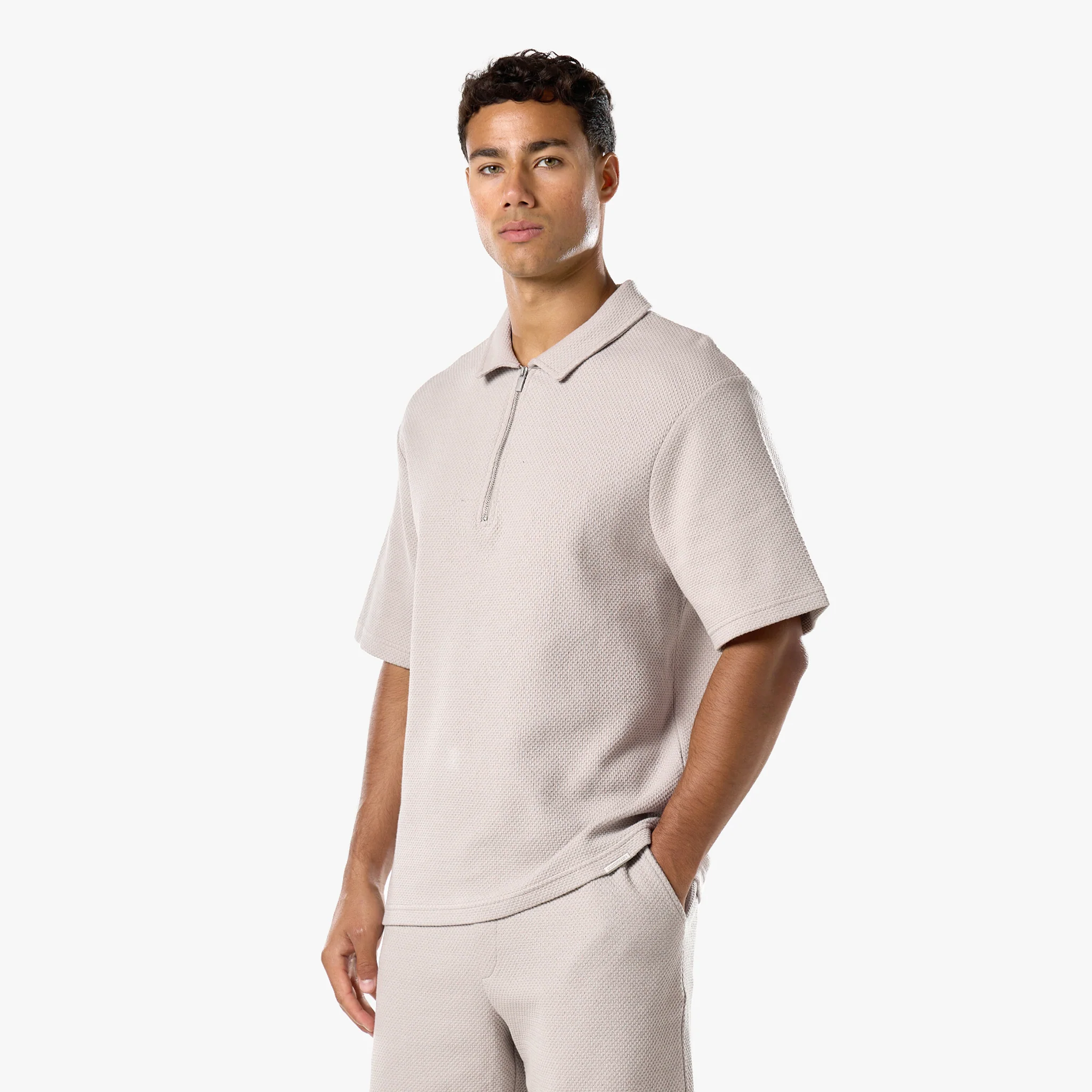 Short Sleeve Textured Polo Twinset | Stone - Image 4
