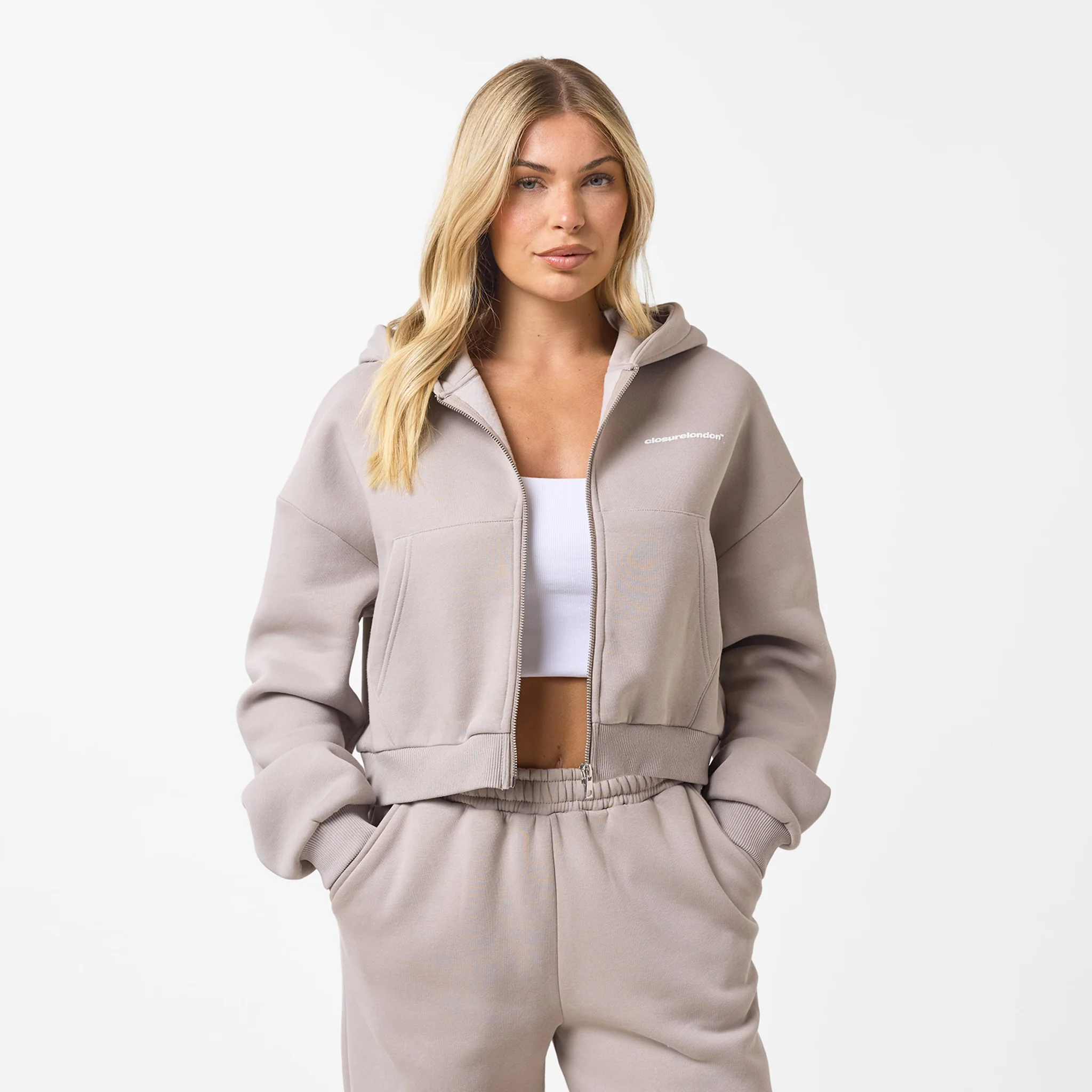 Stacked Crop Tracksuit | Taupe - Image 3