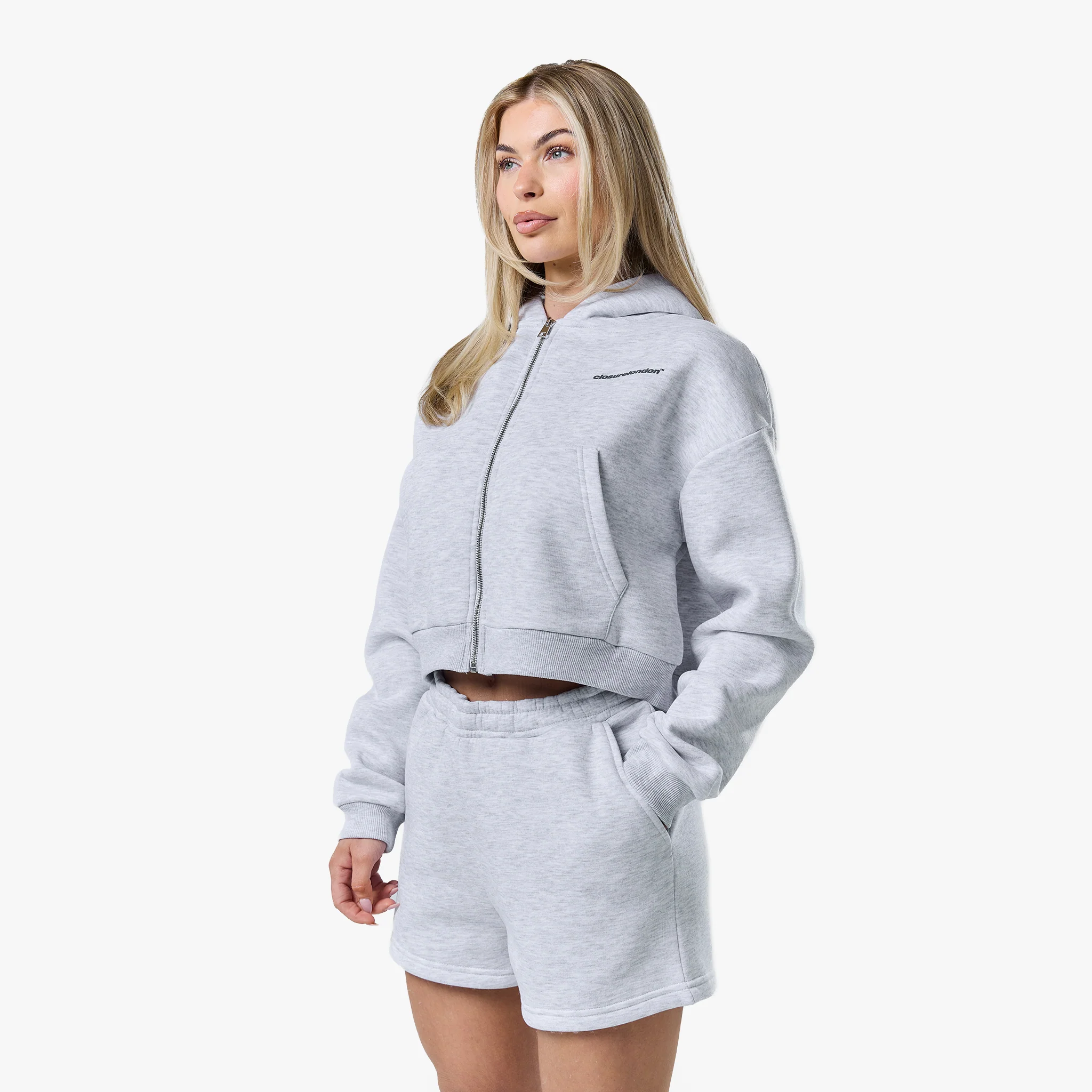 Stacked Cropped Hoodie Twinset | Grey Marl - Image 7