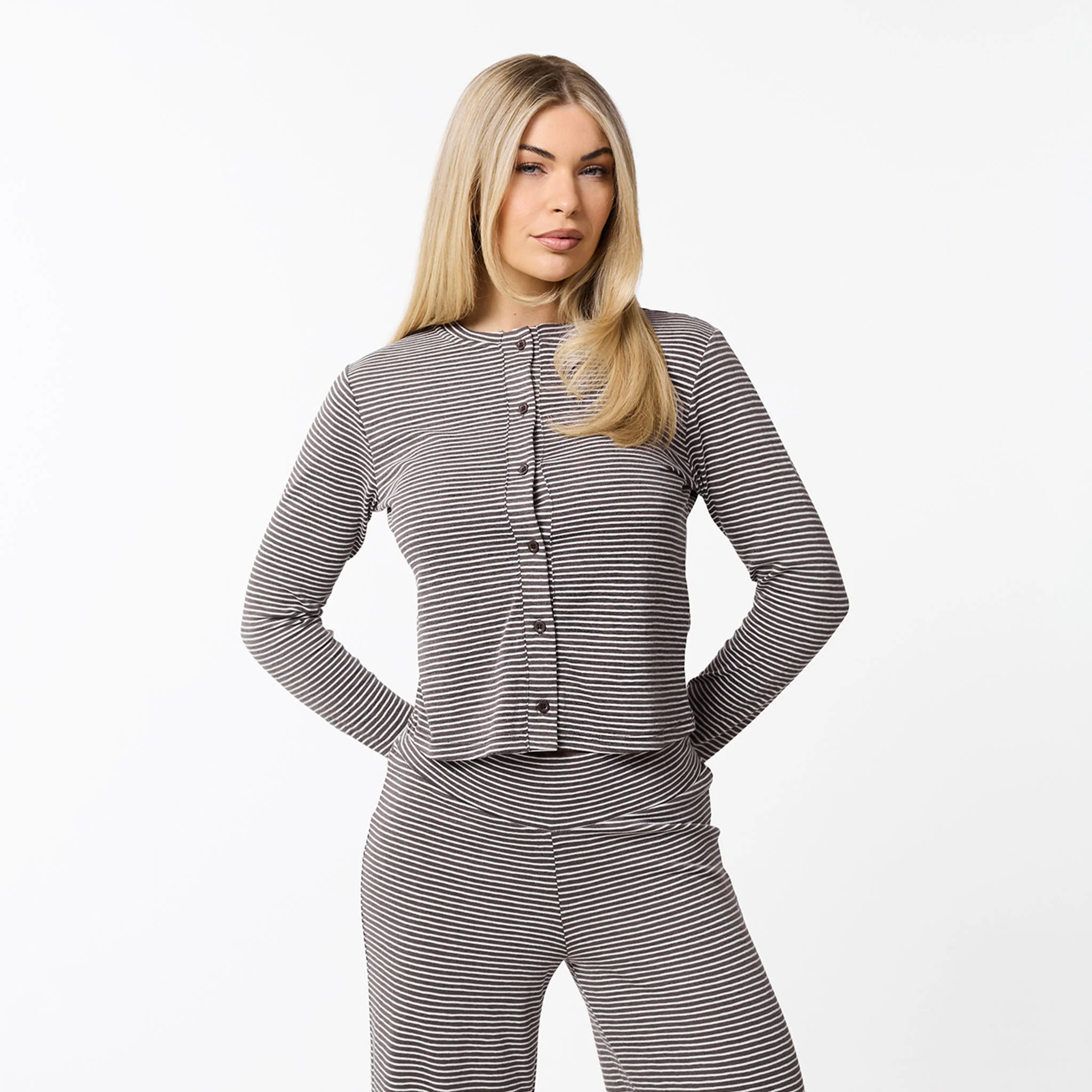 Stripe Open Hem Set | White/Brown - Image 7