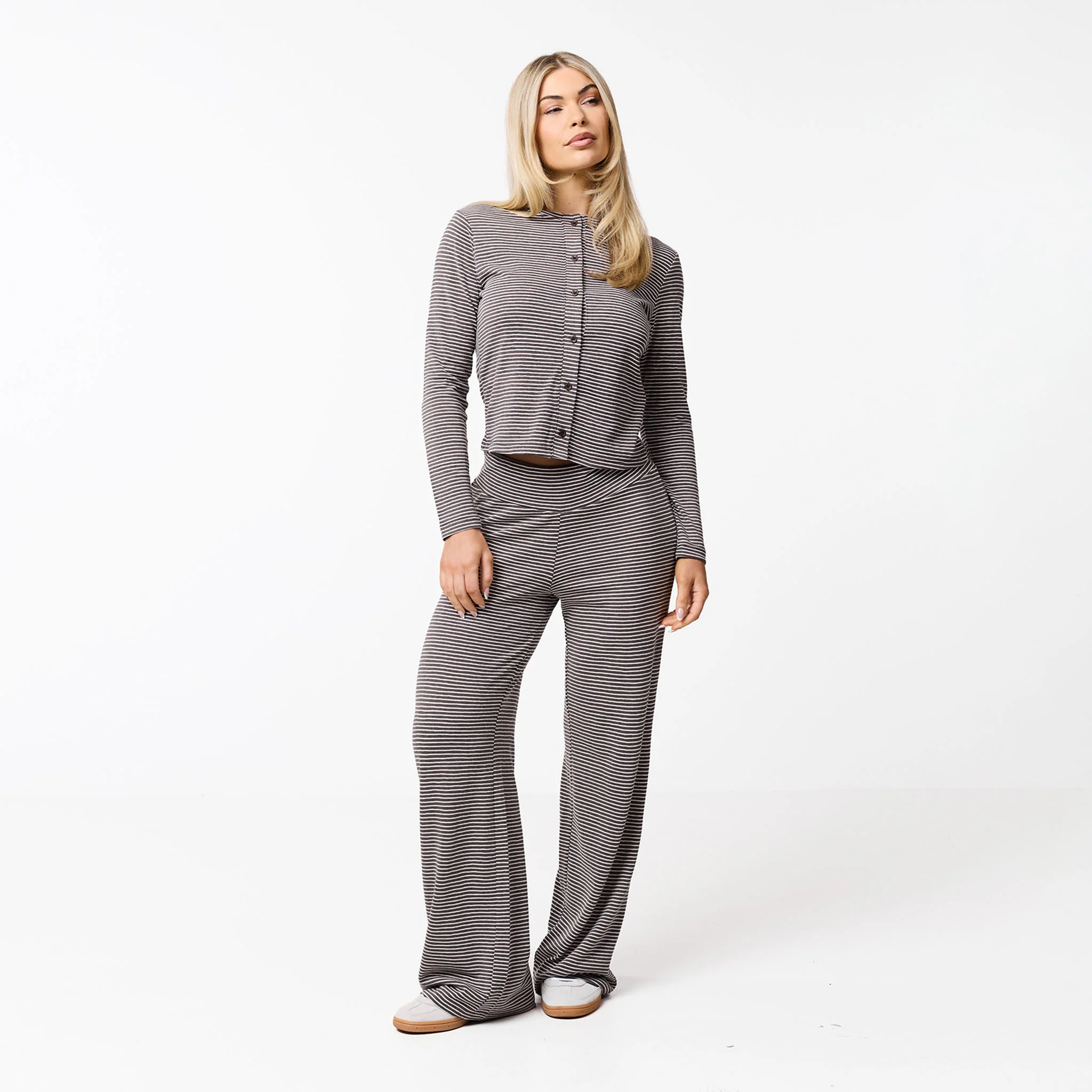 Stripe Open Hem Trousers | White/Brown - Image 2