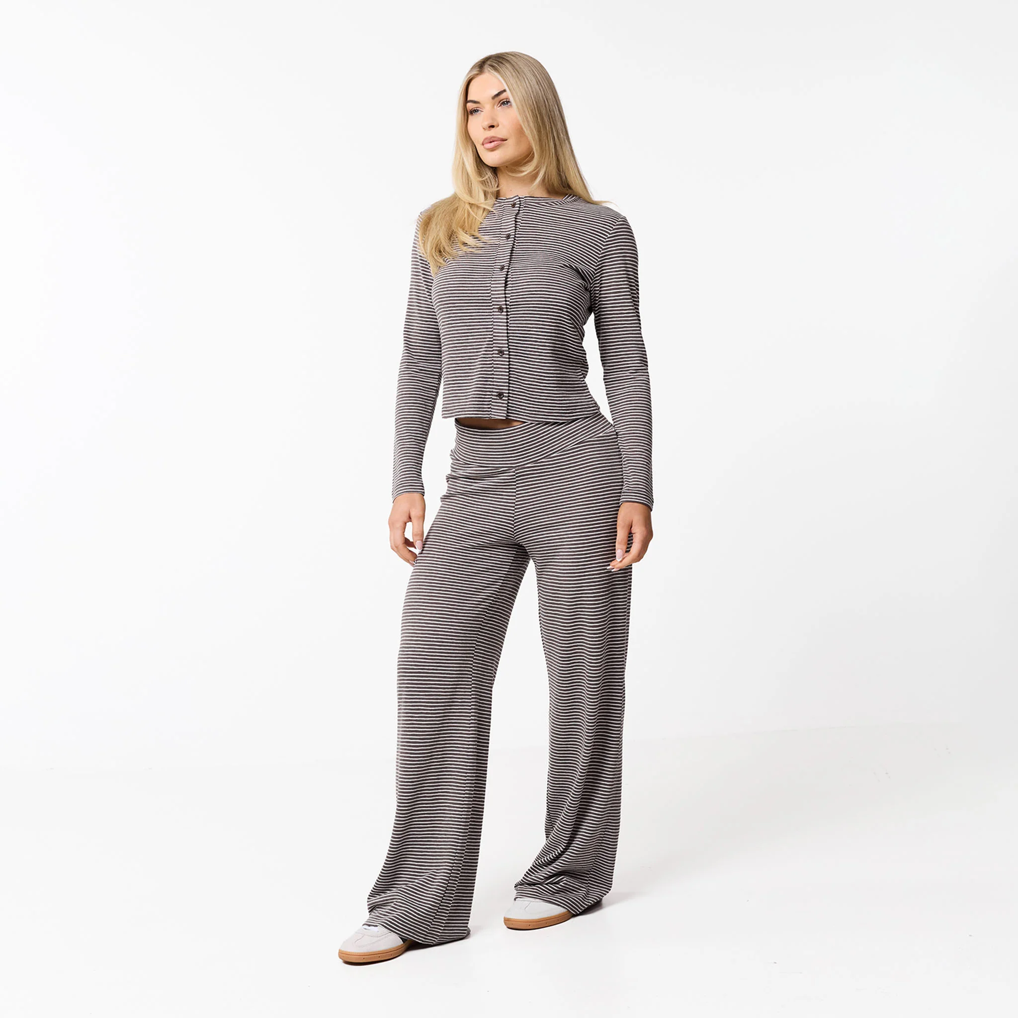 Stripe Open Hem Trousers | White/Brown - Image 4