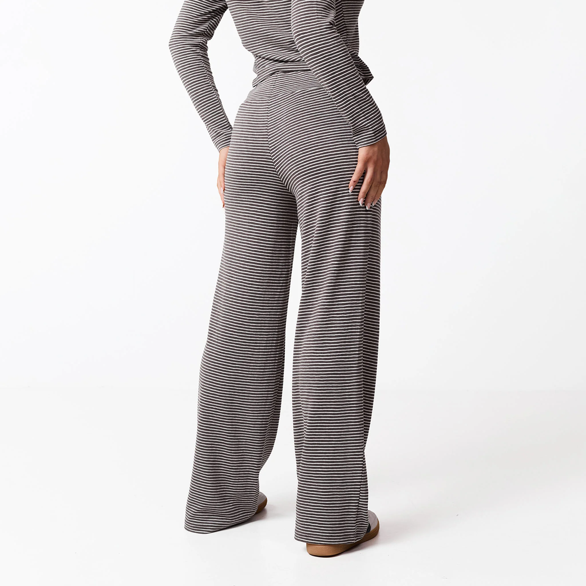 Stripe Open Hem Trousers | White/Brown - Image 6