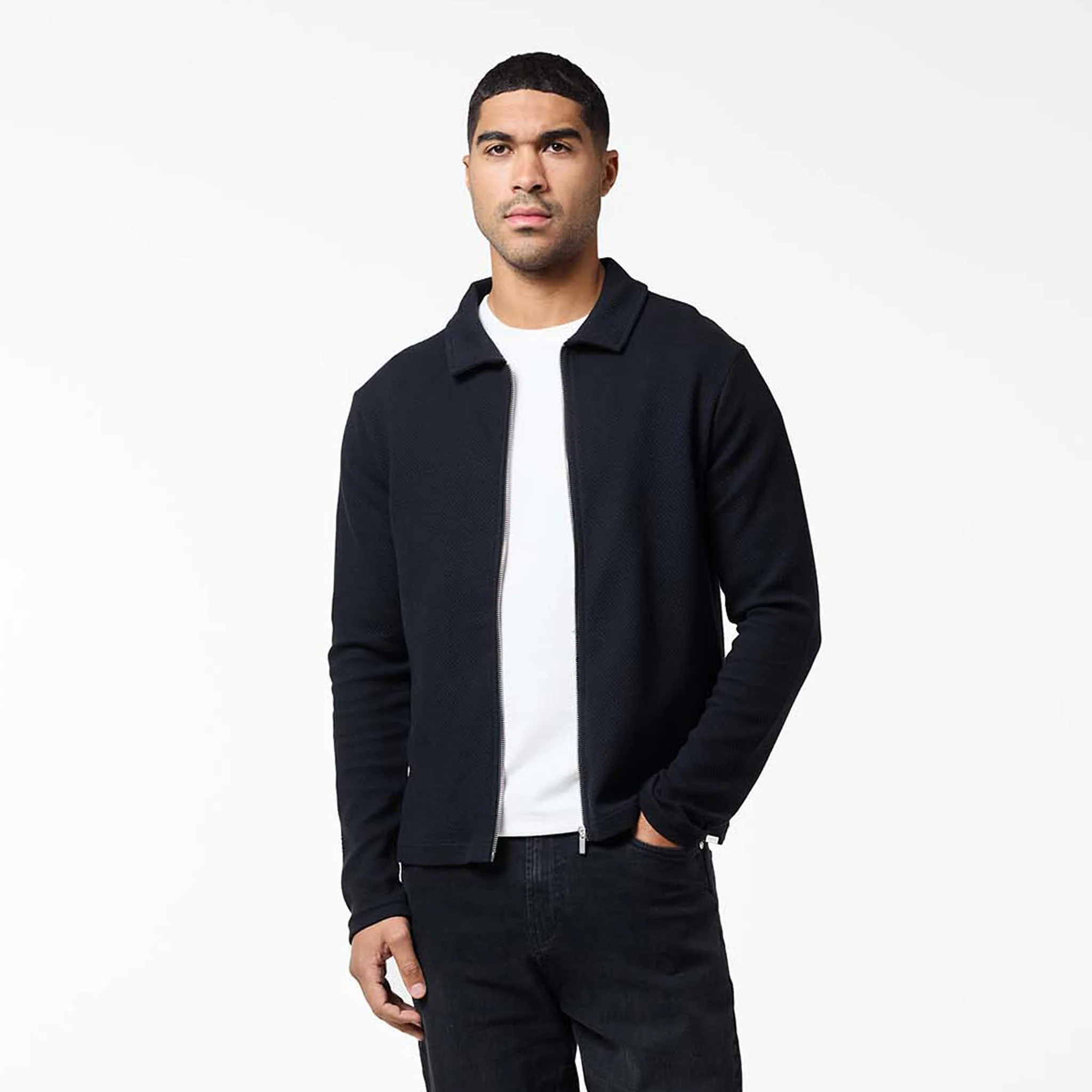 Textured Full Zip Overshirt | Black - Image 3