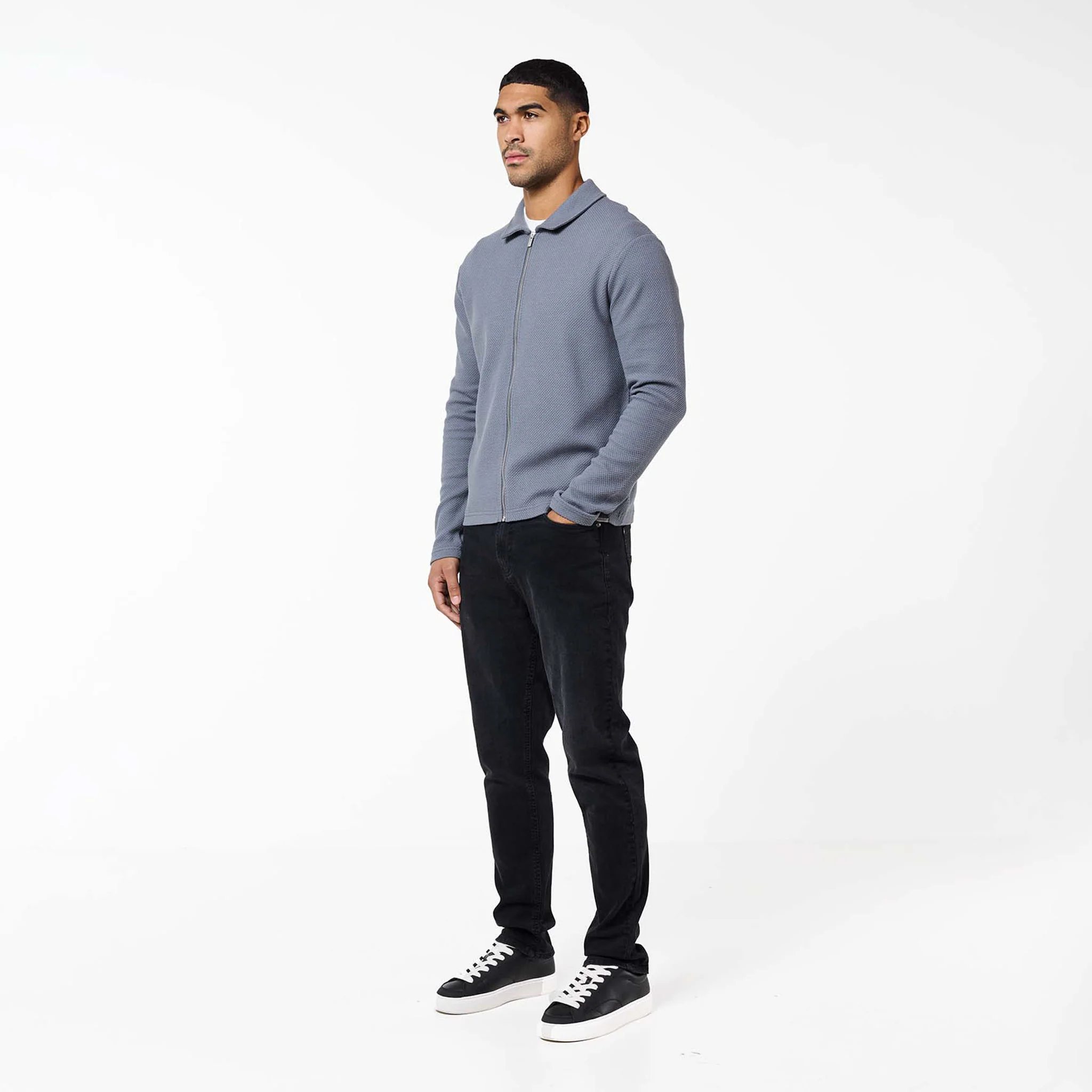 Textured Full Zip Overshirt | Mid Grey - Image 3