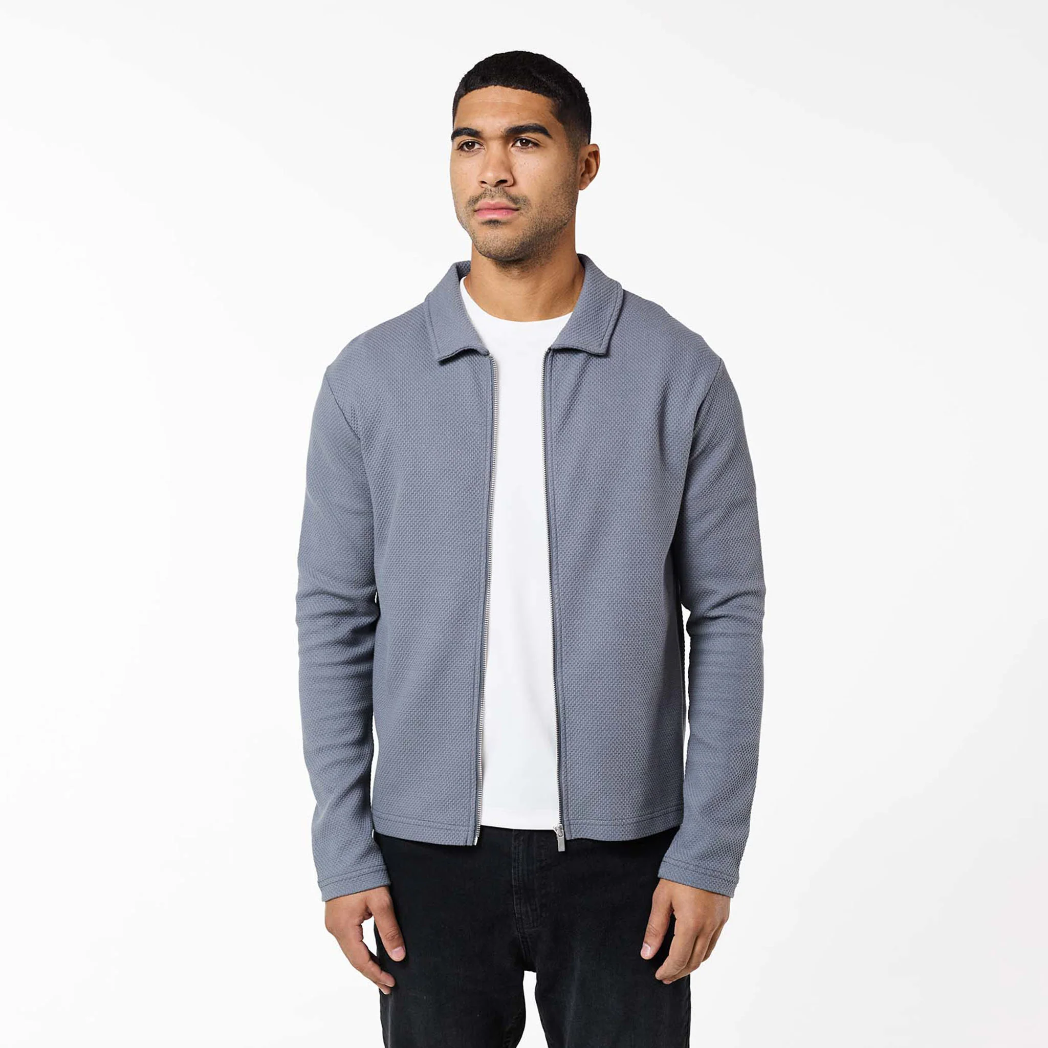 Textured Full Zip Overshirt | Mid Grey - Image 4