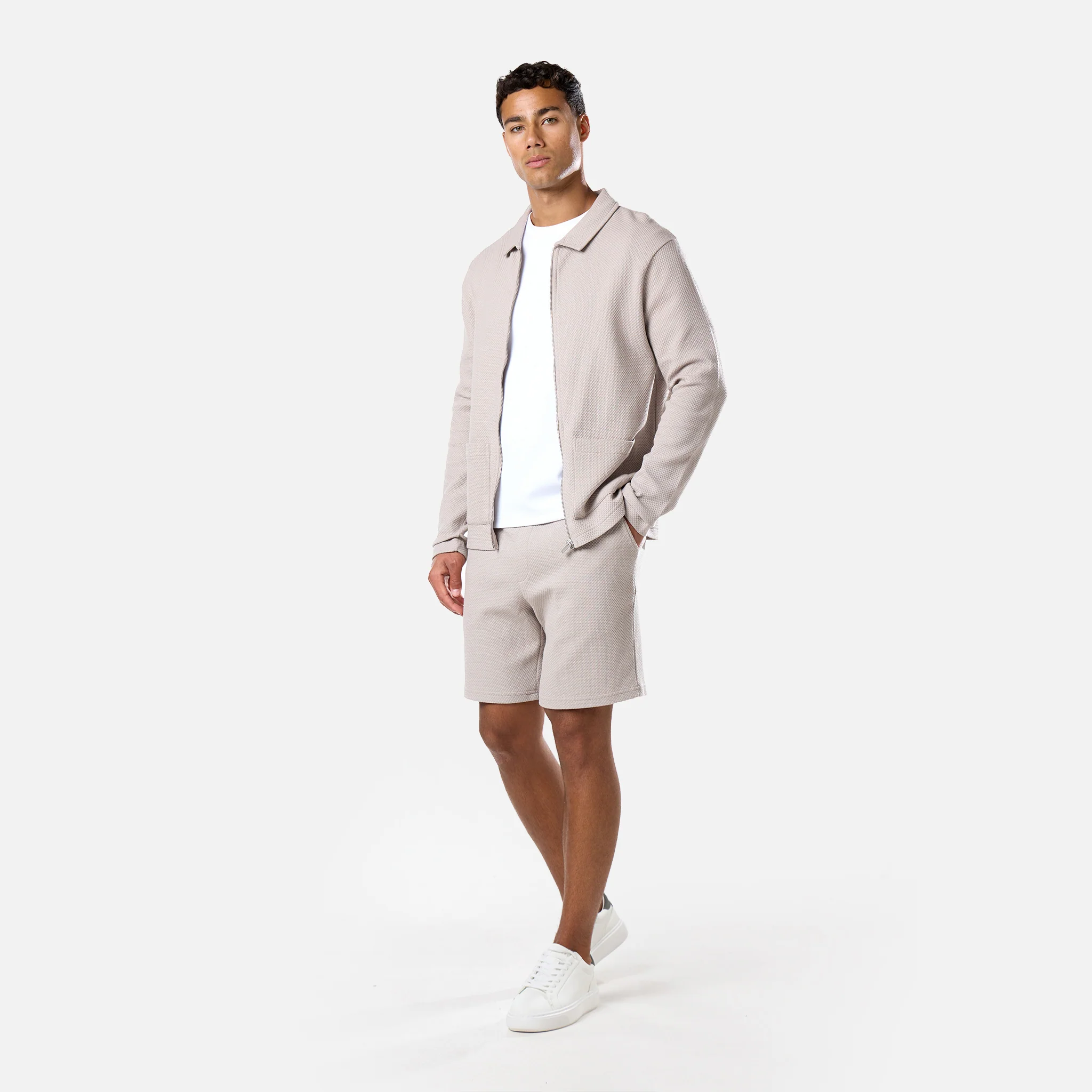 Textured Full Zip Overshirt | Stone - Image 2