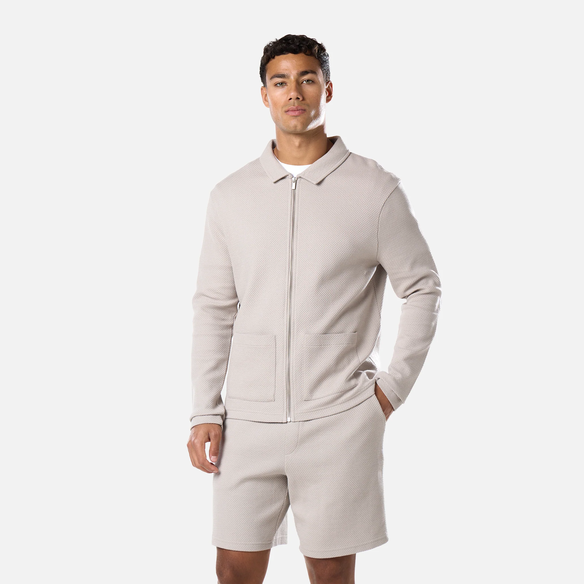 Textured Full Zip Overshirt | Stone - Image 6